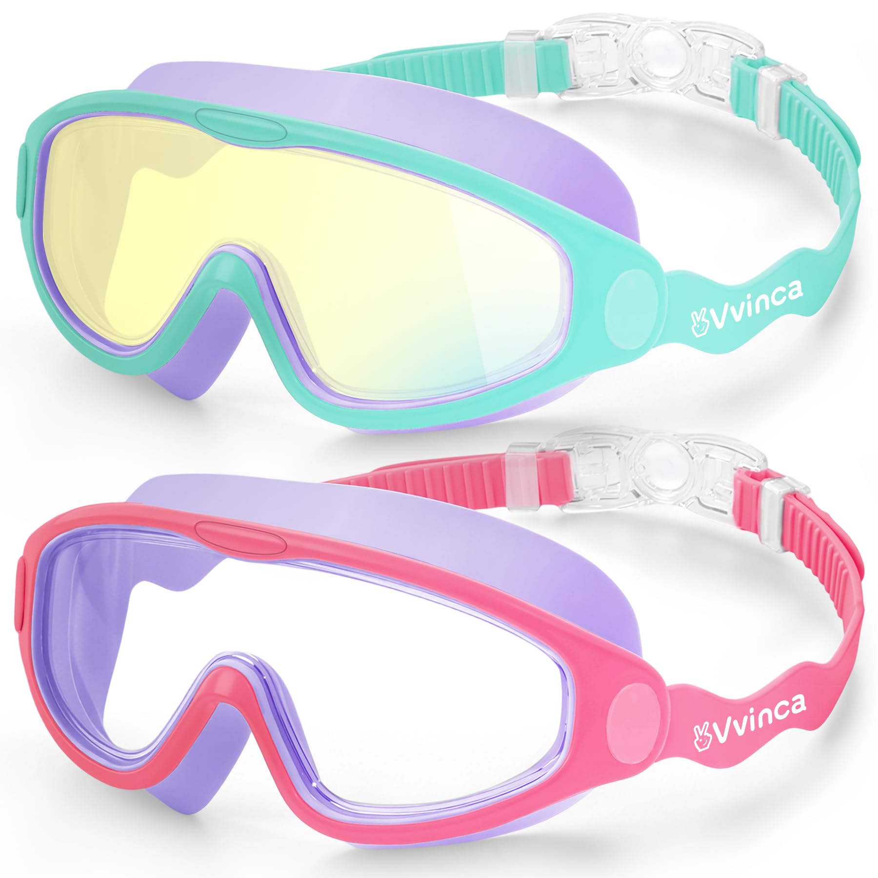 Vvinca 2 Pack Kids Goggles Kids Swimming Goggles Wide View UV Protection Anti-Fog No Leak Children Goggles for Boys Girls 6-14 (Green Purple & Rose Red Purple)