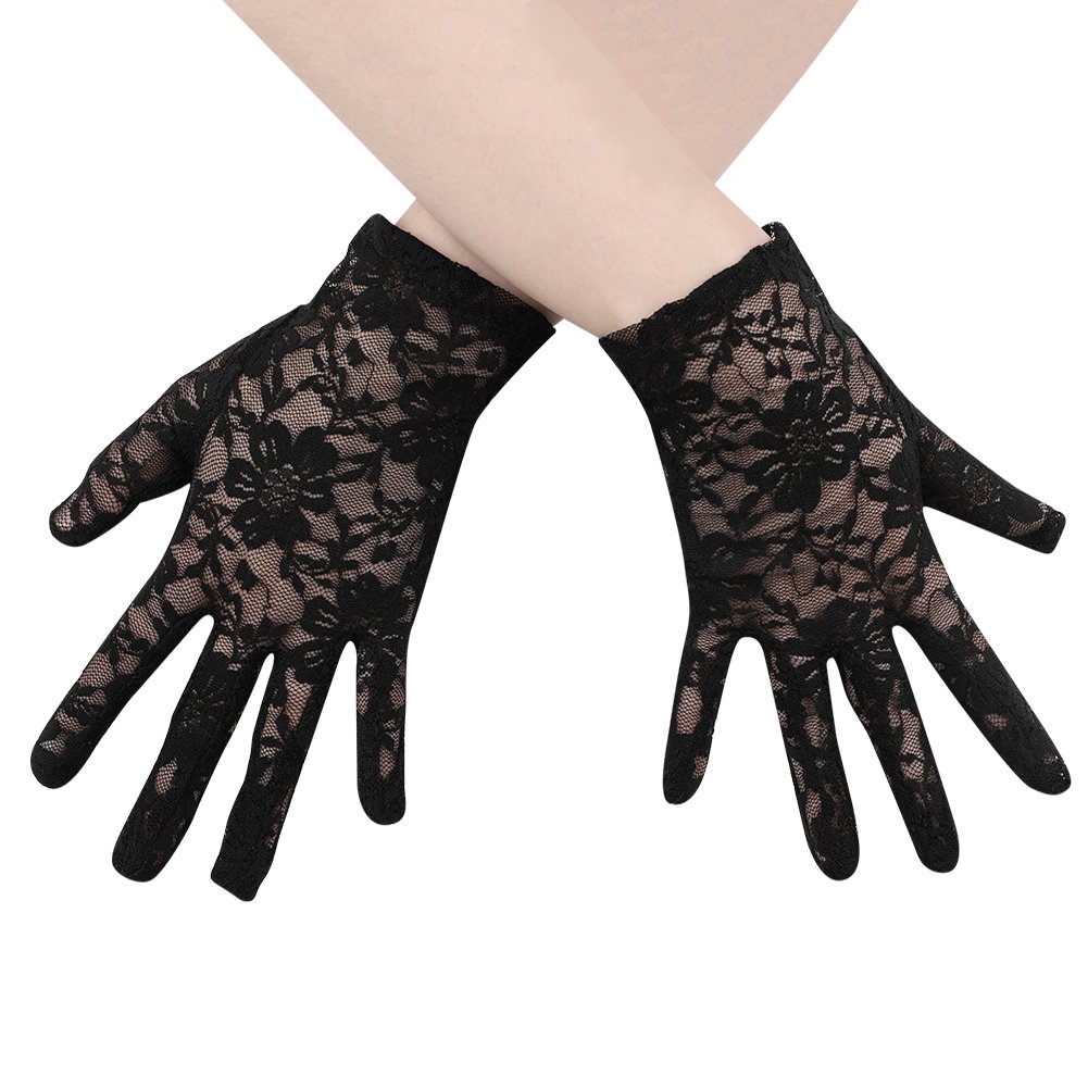 Ladies Black Lace Short Wedding Gloves - Elegant Bridal Floral Tulle Wrist Cuffs, Full Finger Thin Driving Gloves for Women - Halloween Themed Party