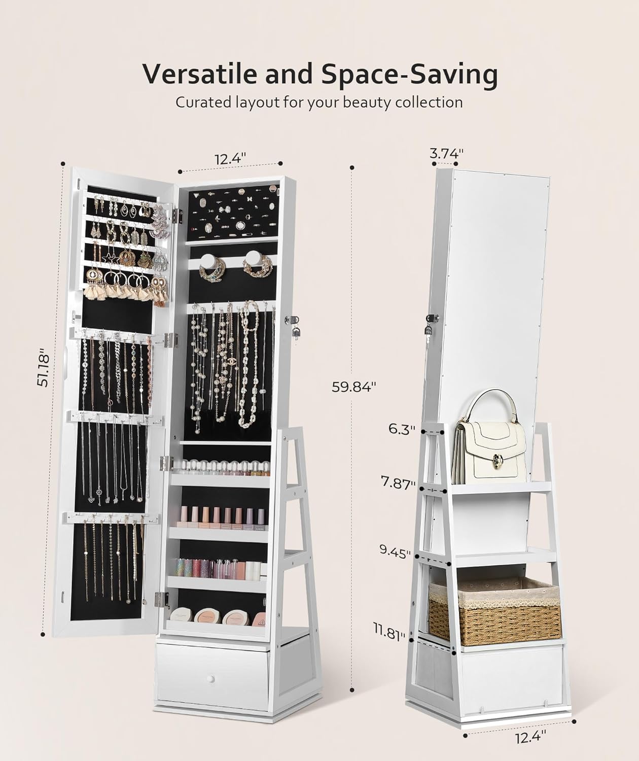 Nicetree 360°Swivel Jewelry Cabinet, Rotatable Full Length Mirror with Jewelry Storage, Standing Jewelry Armoire Organizer, Lockable Jewelry Organizer with 3 Rear Shelves, Bottom Drawer, Pure White - Image 6