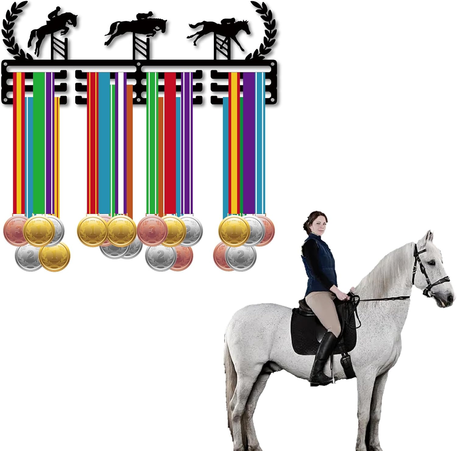 CREATCABIN Equestrian Medal Hanger Medal Holder Medal Hanging Decor Sports Medal Rack Wall Mounted 3 Lines Design Room Home Decoration Gift for Equestrian Athletes Race Winner Black 15.7x5.9 Inch