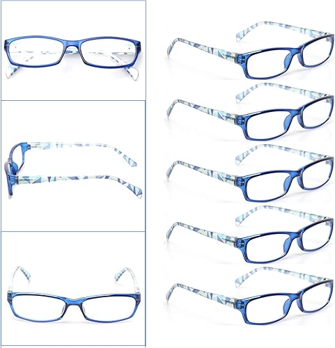 Miniatura 5 de Kerecsen - Anteojos de lectura para mujer, 5 pares modernos, bisagra de resorte con estampado de patrones (paquete de 5, azul, 1.0)