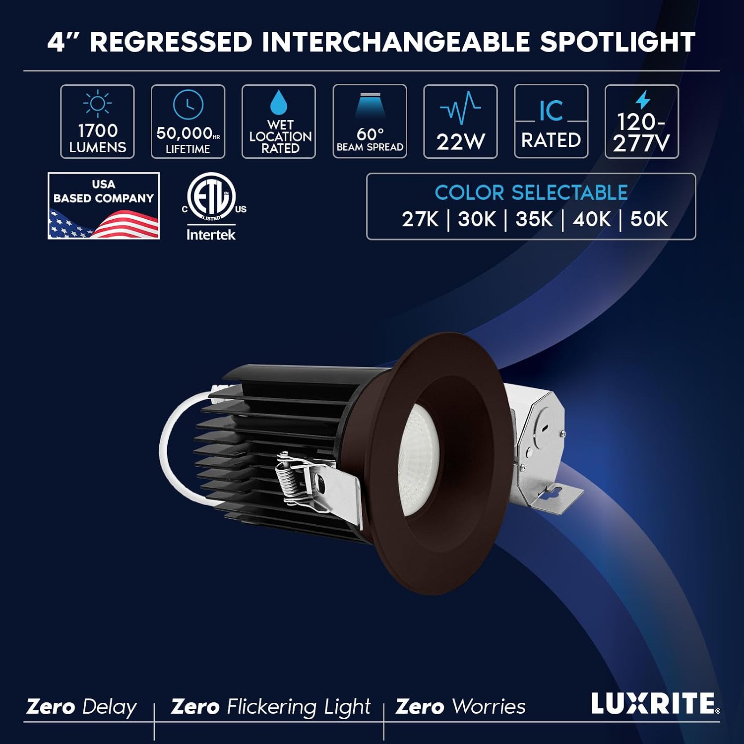 LUXRITE 4 Inch Recessed Light, Regressed Canless LED Spotlight, 5CCT 2700K-5000K, CRI90, 22W, 1700 Lumens High Output, 60º Wide Flood, Round Bronze Trim, Dual Dimmable, IC & Wet Rated (4 Pack)