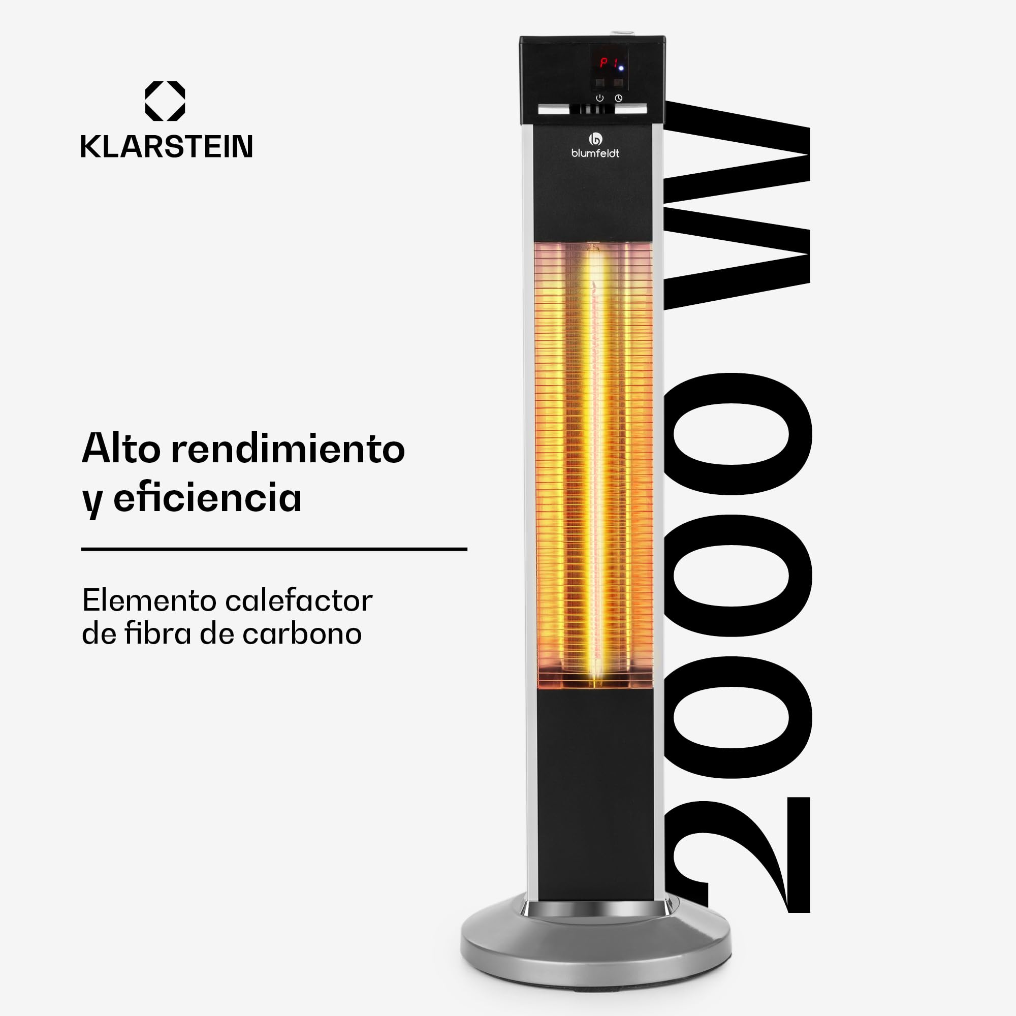 Klarstein Radiador Electrico Bajo Consumo, Calefactor para Patio o Terraza de 2000W, con Mando, Radiadores Bajo Consumo Electricos, Eficiencia IP34, Calefactores Jardín, para Exterior