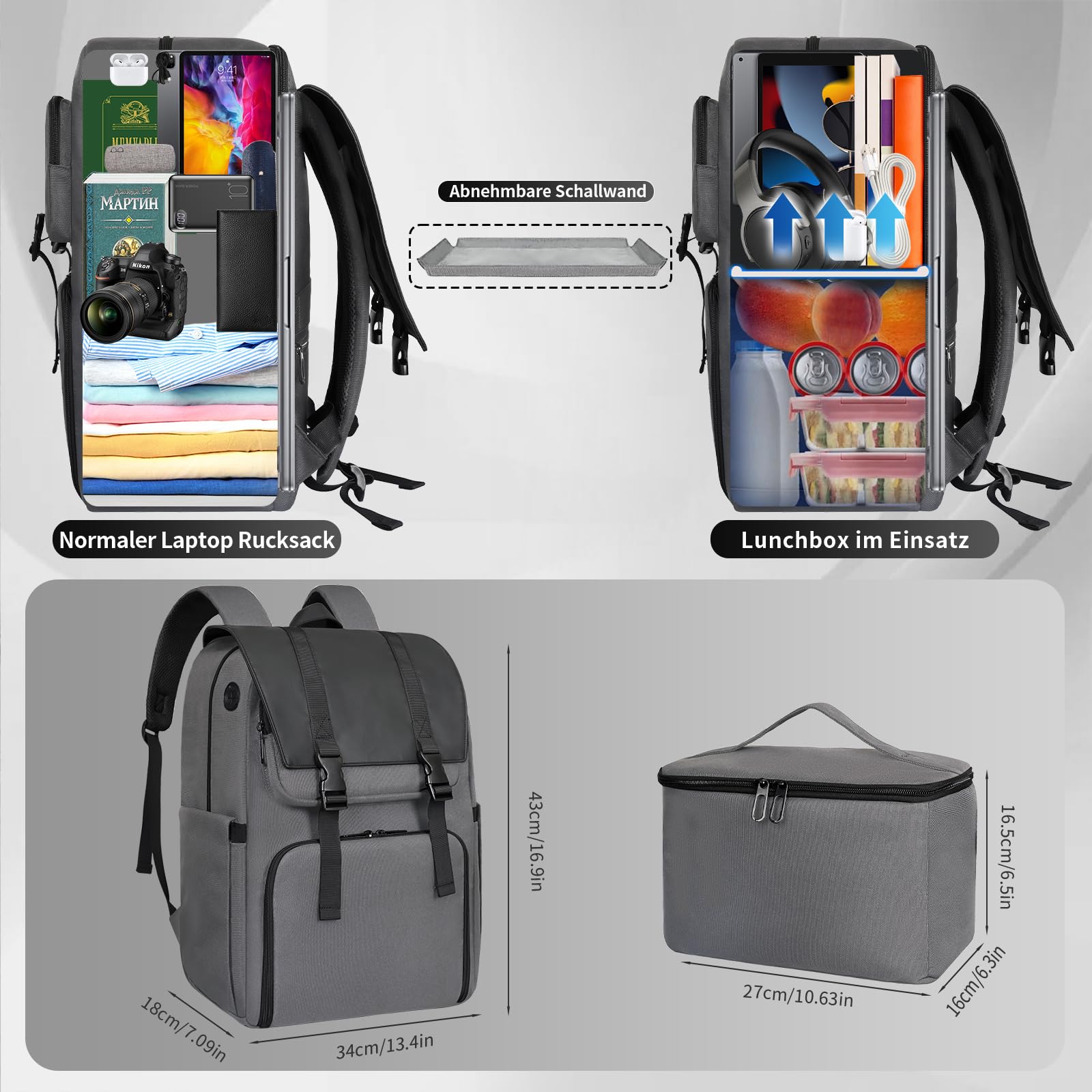 BERTASCHE Zaino Lunch Laptop 15,6 Pollici con Borsa Termica Isolata per Uomo e Donna, Zaino da Lavoro 2 in 1 per Università, Affari, Pendolari, Viaggi, Grigio