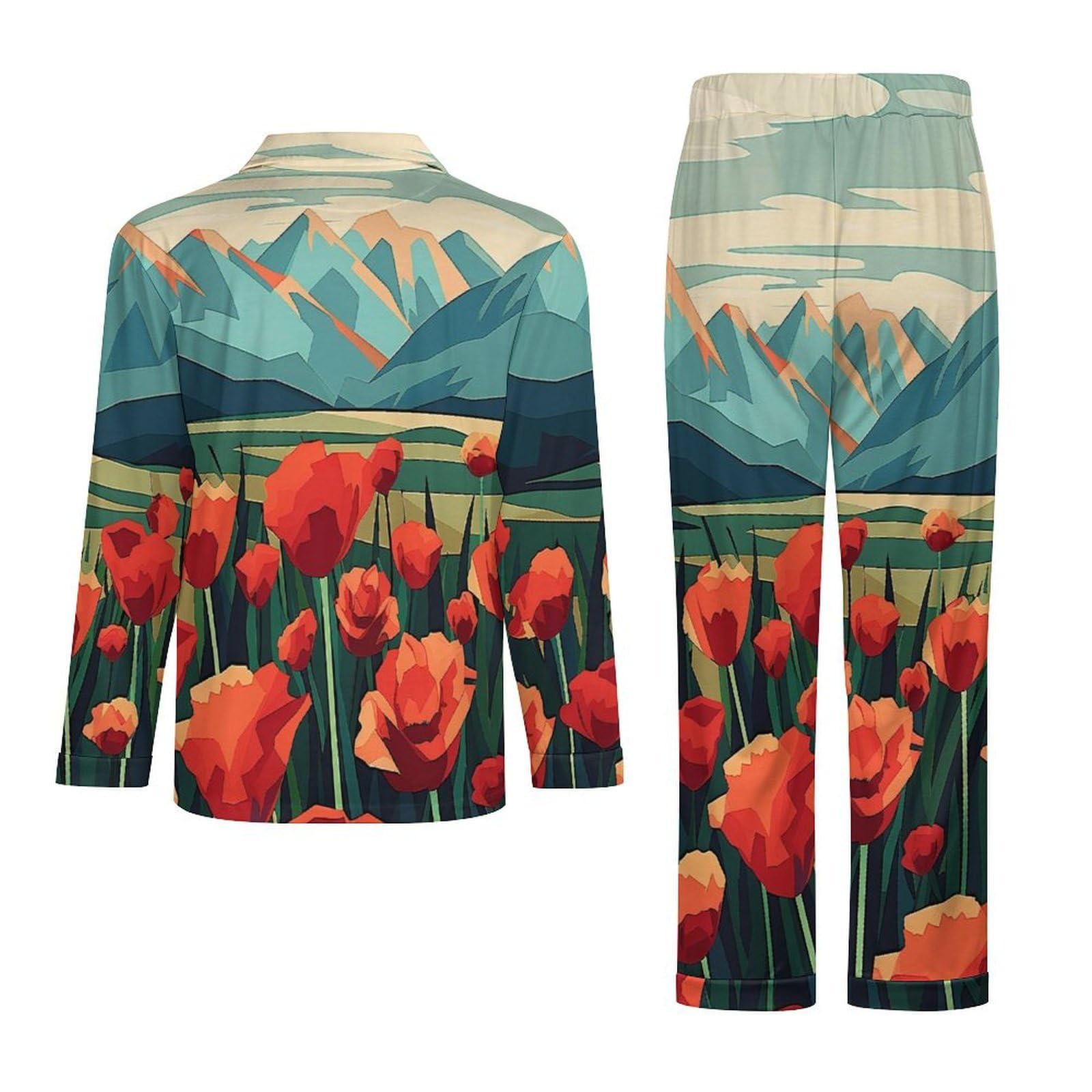 OLEETS Completo Pigiama da Uomo - Fiori Rossi Pigiama Invernale Pantaloni Top Caldo Autunnale Traspirante Morbido 2 Pezzi Casual Ampio