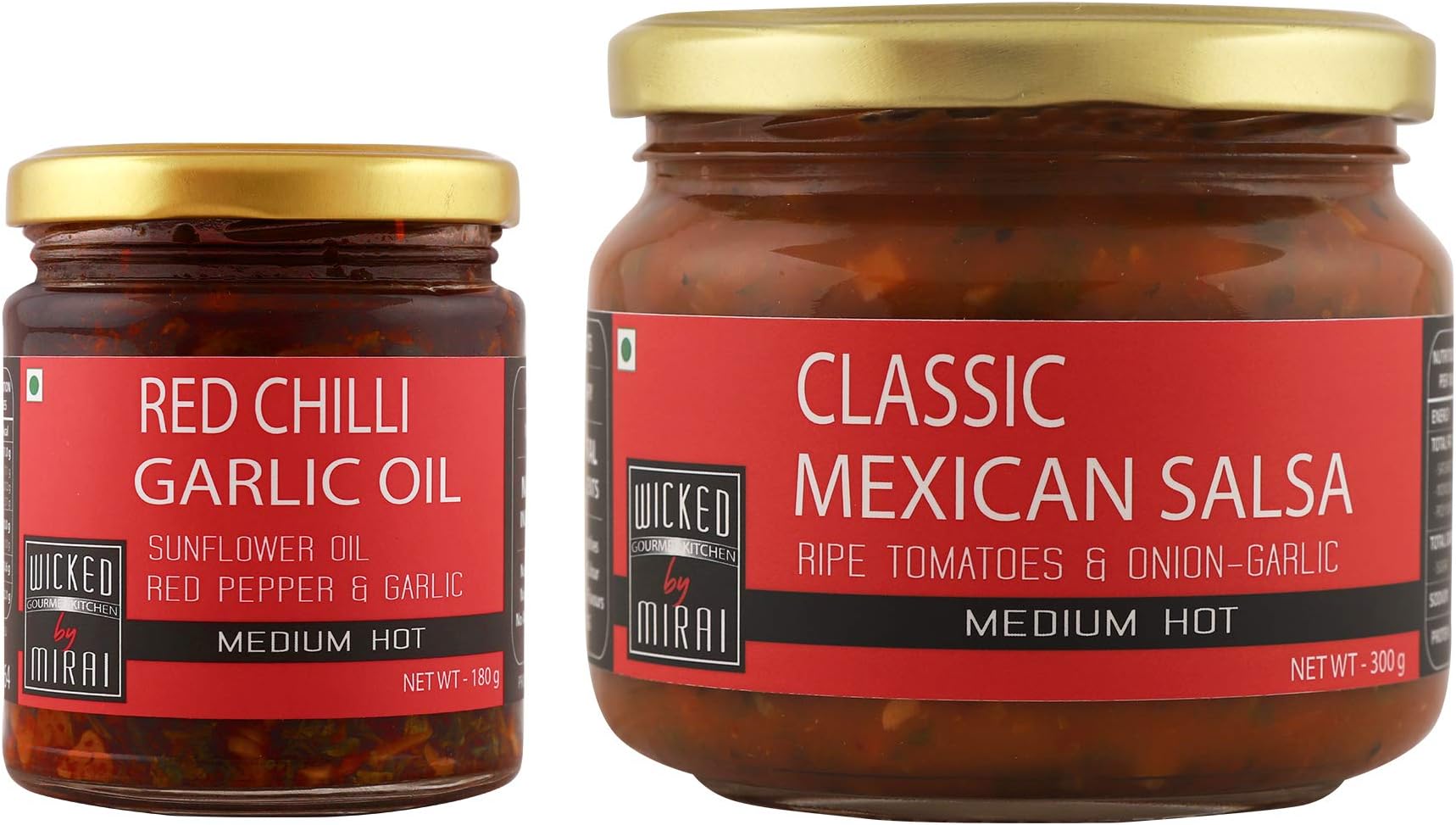 COMBO PACK - Chilli - Garlic Oil - All Natural, Preservative Free and Gluten Free - 180 g - WICKED GOURMET KITCHEN by MIRAI + Classic Mexican Salsa - All Natural, Preservative Free and Gluten Free - 300 g - WICKED GOURMET KITCHEN by MIRAI