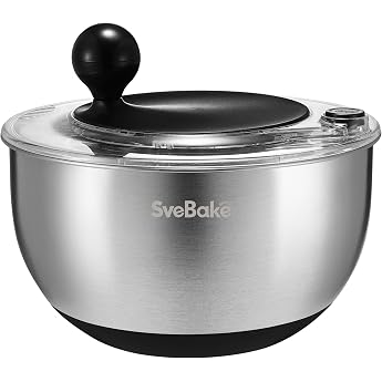 SveBake Salad Spinner Stainless Steel Stop Button Crank Drive 5L Black