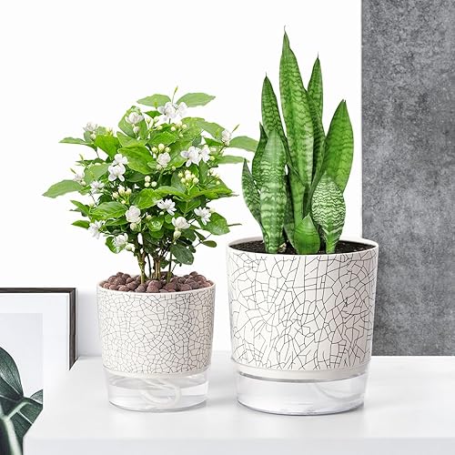 Miniatura 6 de Macetas de riego automático para plantas de interior, macetas, maceta de riego automático, 2 piezas de textura de grietas de 4 + 5.3 pulgadas