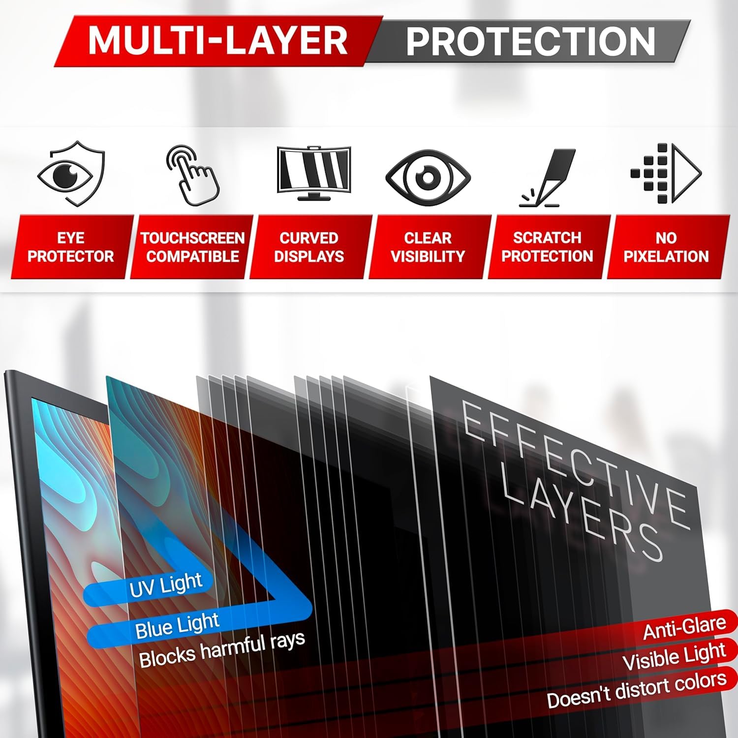 BrioPix 24 Inch (16:10) Curved Monitor Privacy Screen Filter – NO Eye Strain | Anti-Blue Light + Anti-Glare | No Dry Eyes | Privacy Screen for 24 Inch Curved monitor