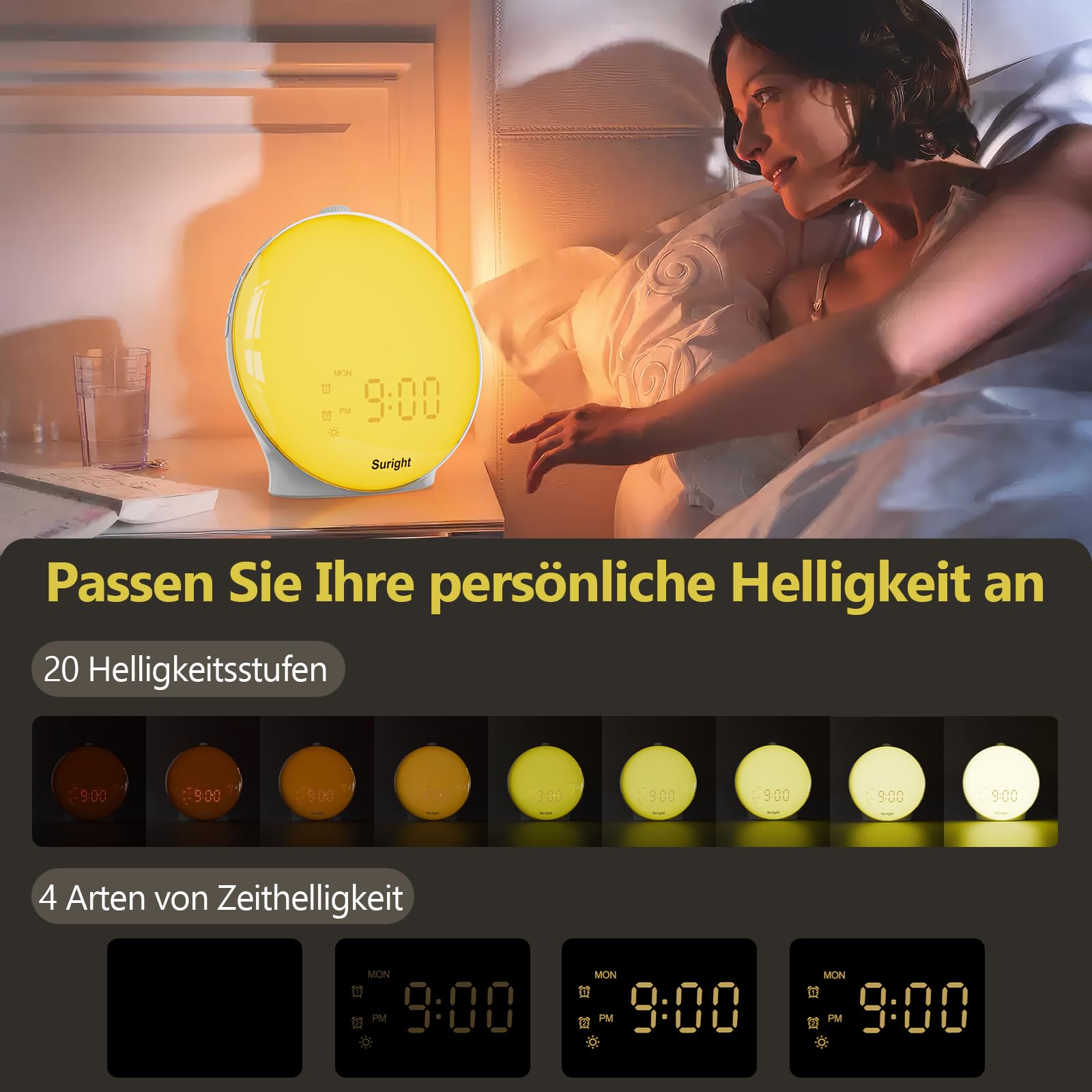 Suright Lichtwecker Tageslichtwecker, Wake Up Licht Wecker, Sonnenaufgang Sonnenuntergang Simulation Wecker Radio 15 Naturgeräusche 2 Alarmen Snooze 18 Farblicht 20 Helligkeit Nachttischlampe
