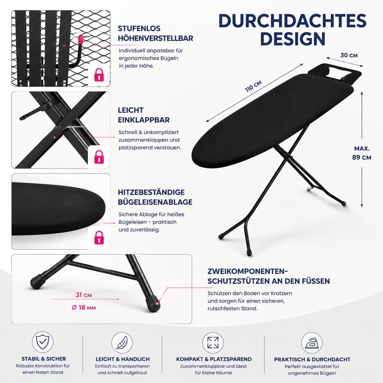 STAHLMANN® Bügelbrett schwarz [110 x 30 cm] – höhenverstellbarer Bügeltisch [platzsparend klappbar] – Bügelbrett mit Bügeleisenablage – Ironing Board
