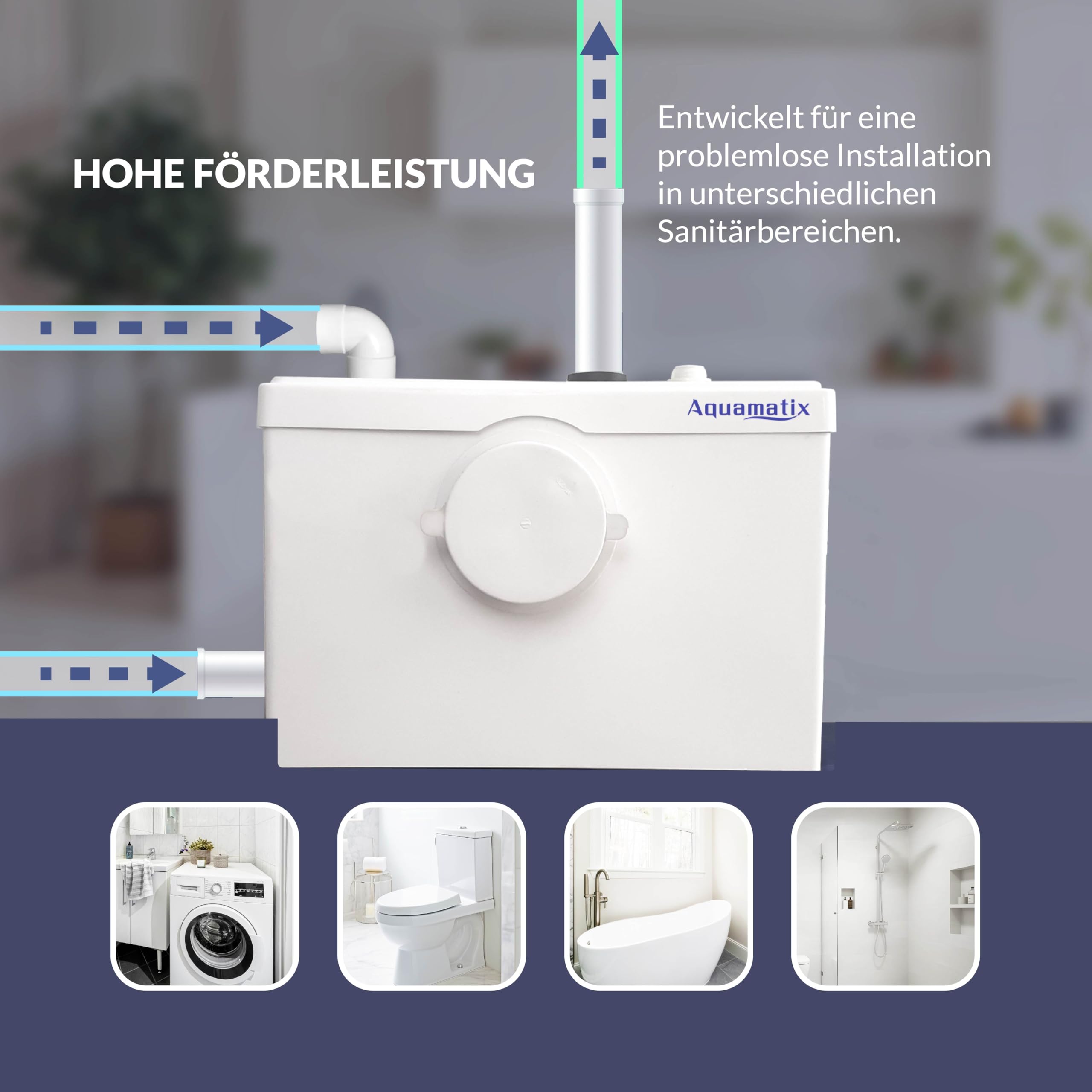 Aquamatix Kleinhebeanlage Hebeanlage 600 W mit Häcksler, Abwasserhebeanlage bis 10 m Förderhöhe, mit 3 Einlässen, für WC, Dusche und Waschbecken