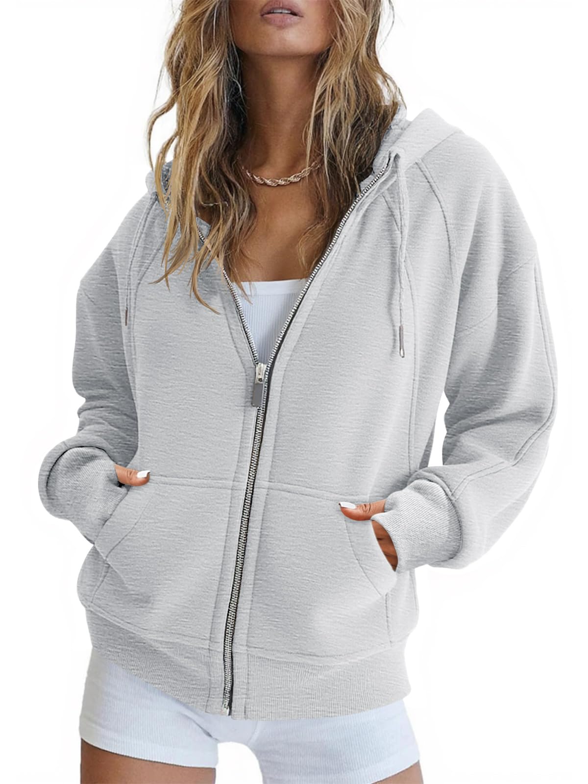 Fisoew Womens Zip Up Sweatshirts Fleece Lined Collar Crop Hoodie Casual Cotton Long Sleeve Tops with Thumb Hole 1 - Light Grey Medium