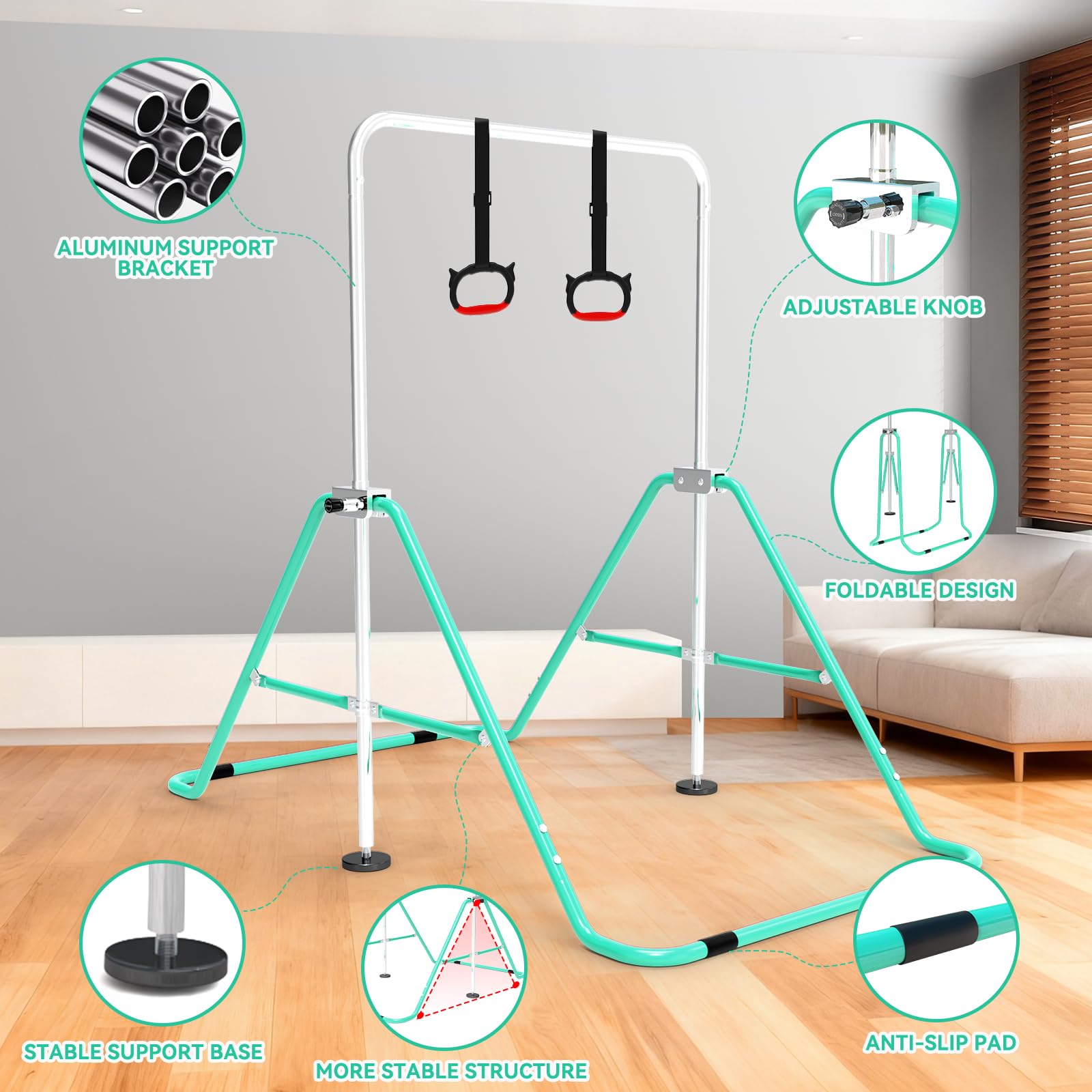 Barra de Gimnasia para Niños, Altura Ajustable y Plegable – con Anillos, Barra Horizontal para Interior, Equipo de Entrenamiento en Casa para Niñas y Niños