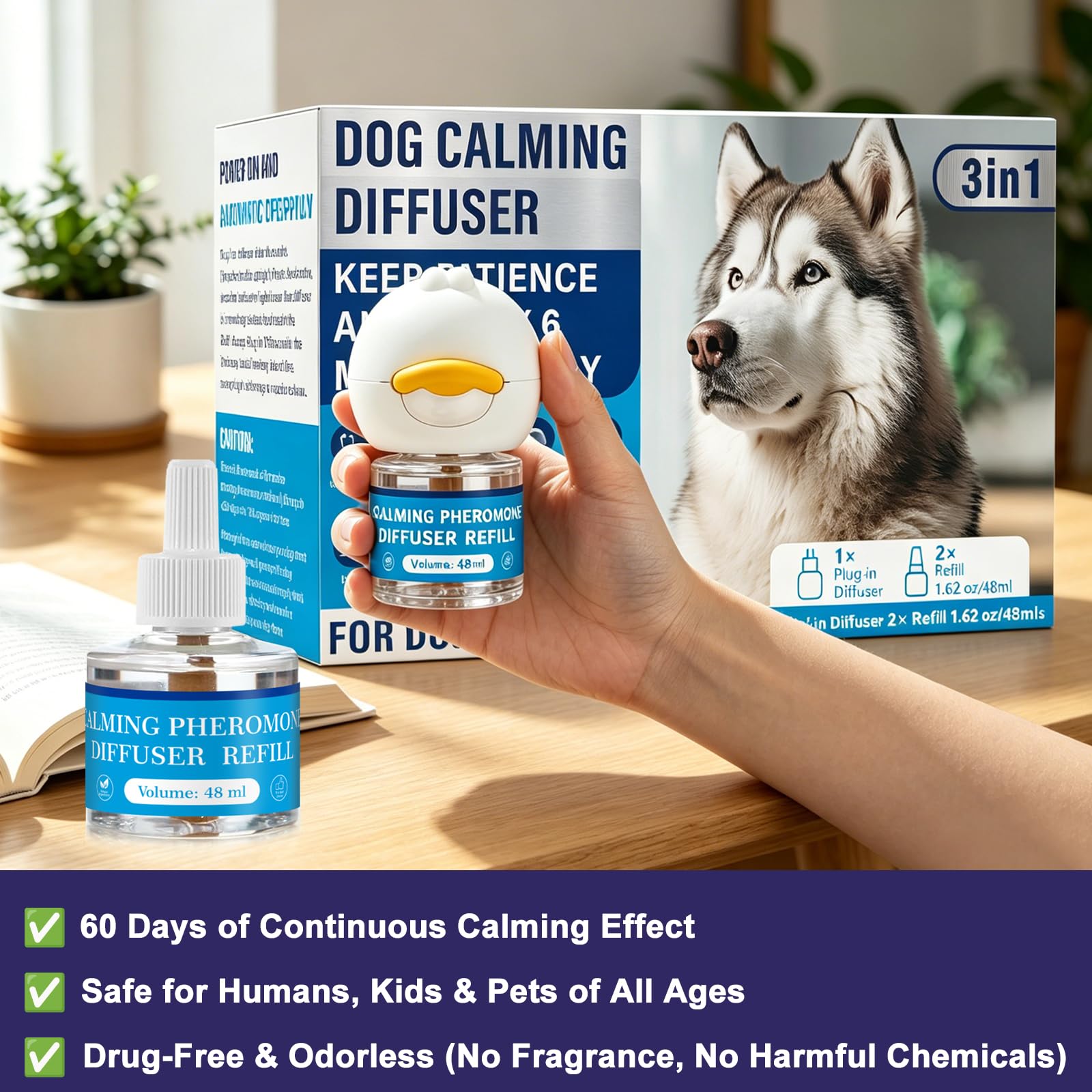 Difusor Calmante de Feromonas para Perros, 1 Difusor + 2×48ml Recargas, Aroma de Hierbas, Calma Ansiedad por Separación/Tormenta/Fuegos Artificiales, Reduce Ladridos/Mordiscos/Marques (1)