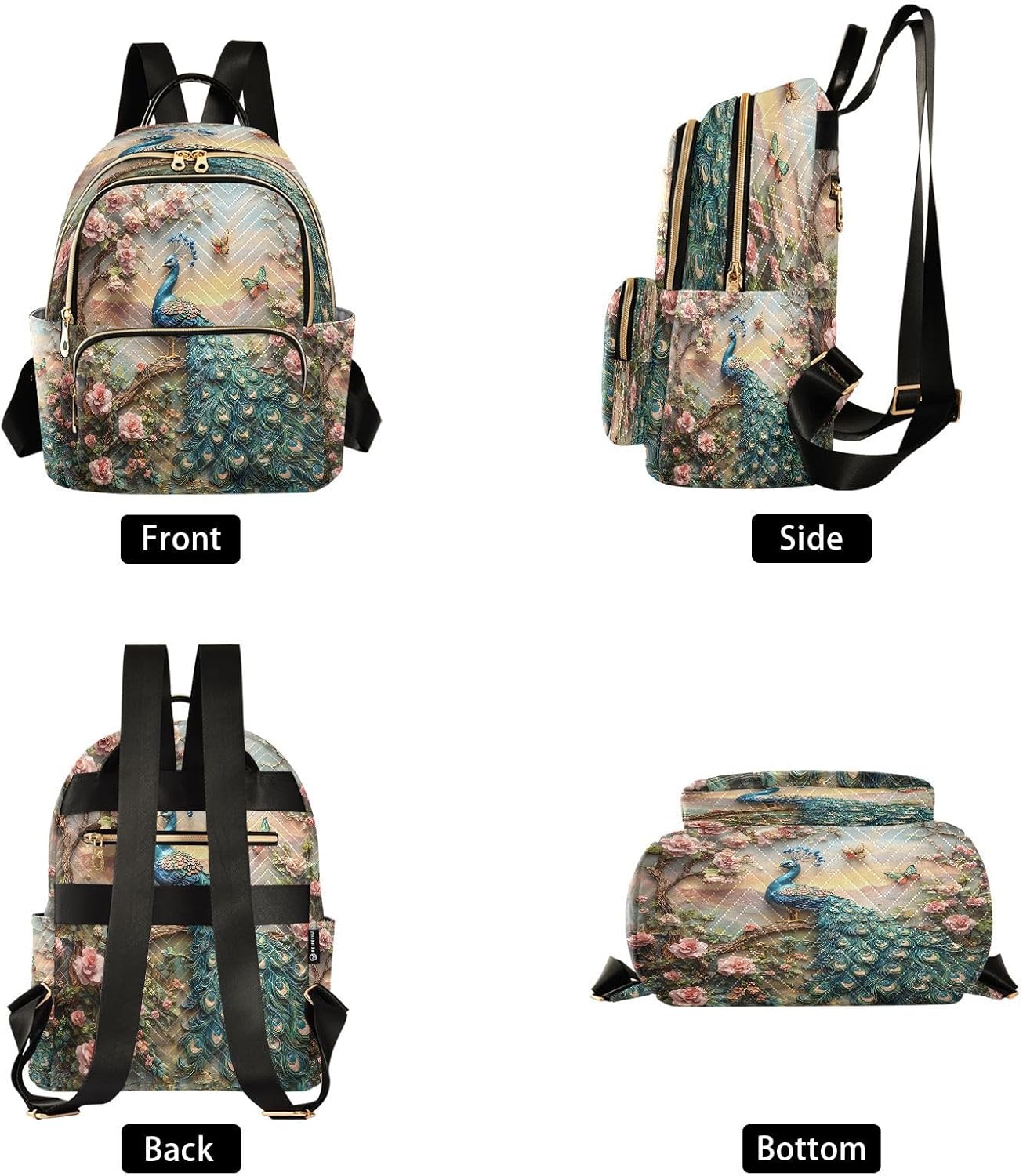 ALAZA Peacock Butterfly Peony Women Backpack Purse Ladies Fashion Shoulder Bag Daypack Travel Bag 10L