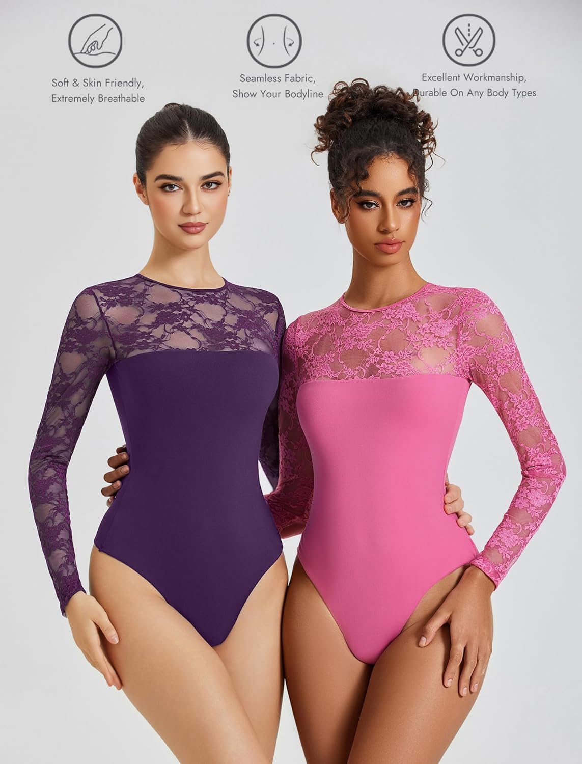 Avidlove Lace Long Sleeve Bodysuit for Women Crew Neck Body Suits Slimming Going Out Concert Tops Fall Outfits - Image 3