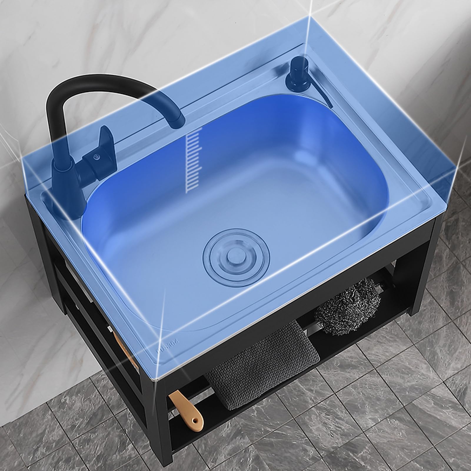 Lavello da Cucina,lavello Cucina a Parete in Acciaio Inox,lavabo Singolo,Set di Servizi con Rubinetto e Tubo per Lavanderia,Facile Pulire (48x35cm/18,9x13,78 Pollici)