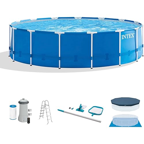 Intex Metal Frame 15' x 48" Round Above Ground Swimming Pool Set with Filter Pump, Ladder, and Cover with Maintenance Accessory Vacuum and Skimmer Kit
