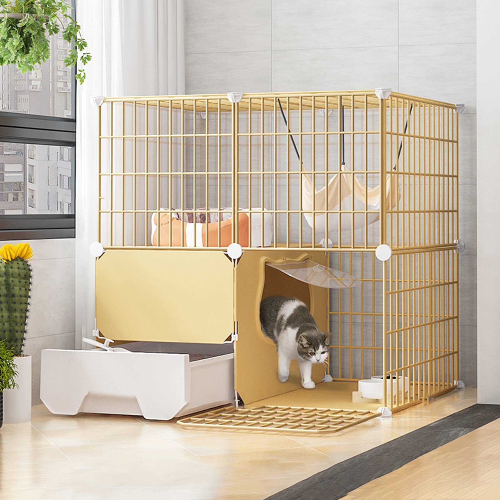 asdchZen Cages For Cats For Inside House,Cat Cage With Litter Box,Wire Cat Cage,Collapsible Cat Cage,Easy To Assemble - Black/Yellow,Yellow,B,75 * 49 * 73Cm