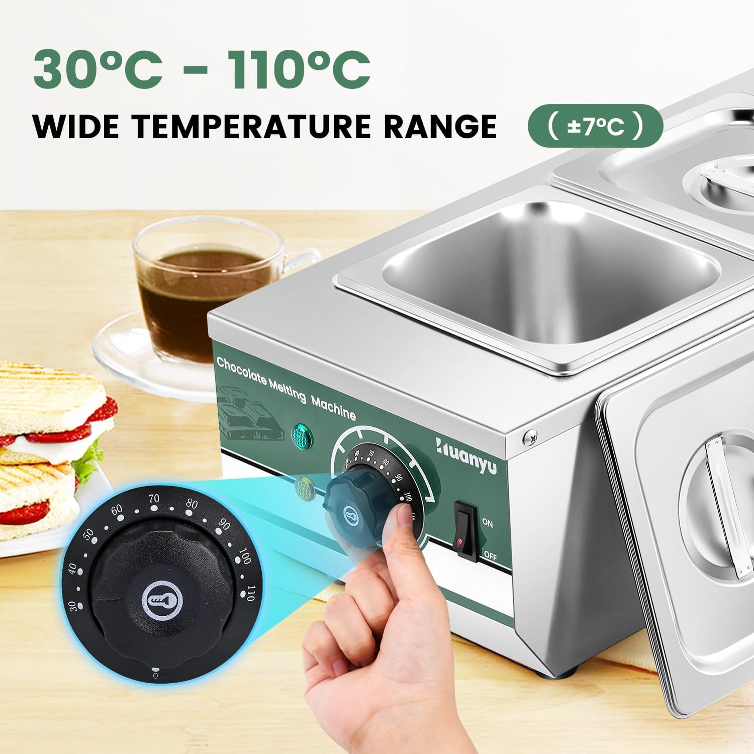 Huanyu Chocolate Tempering Machine with 2 Pots 30℃-110℃ Chocolate Melting Machine 800W Commercial Chocolate Melter Water Heating Chocolate Melting Pot