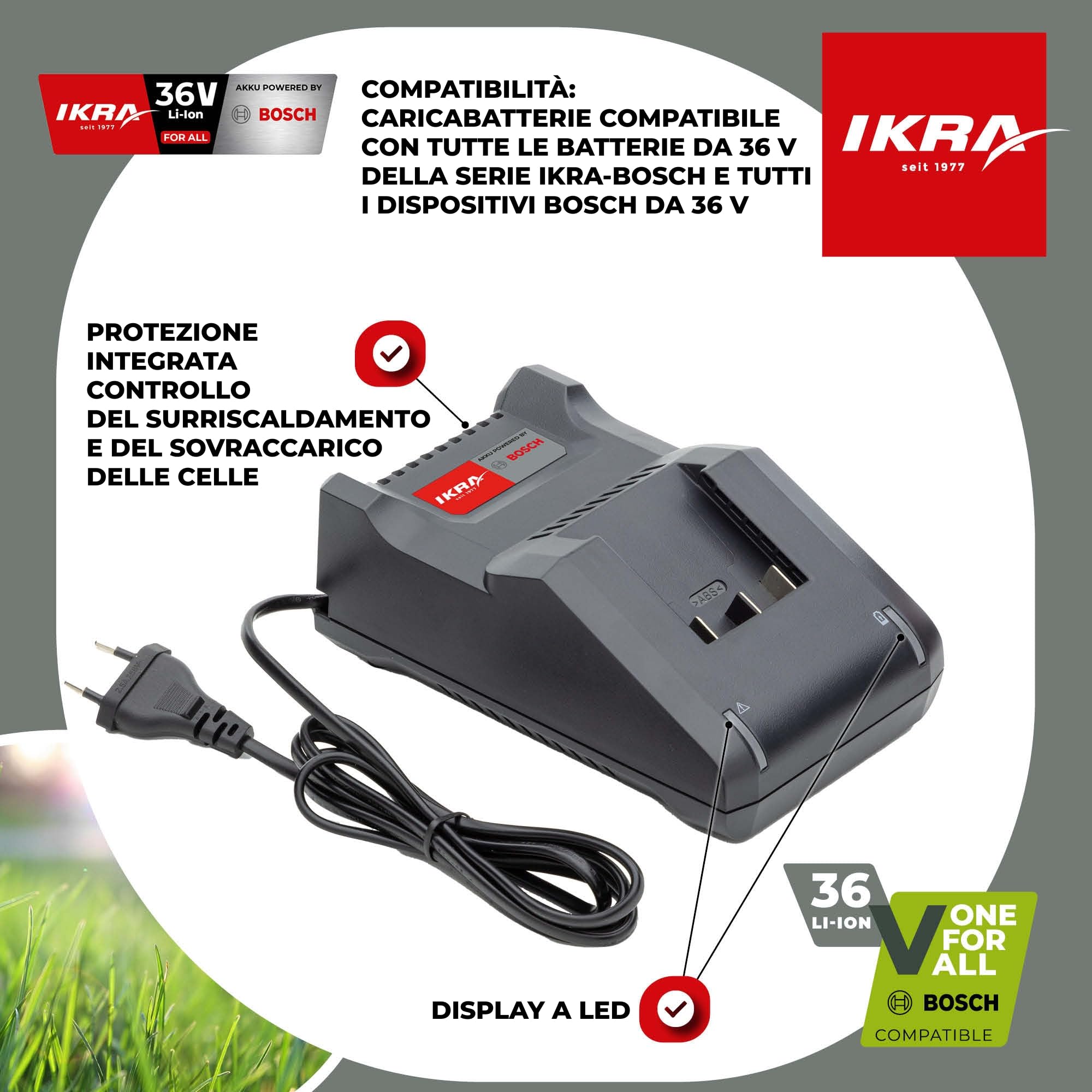 IKRA caricabatterie per batteria da 36 V, tipo AL 36V-20 con indicatore LED | Compatibile con tutti gli attrezzi Bosch 36V, protezione integrata delle celle contro il surriscaldamento e il sovraccarico