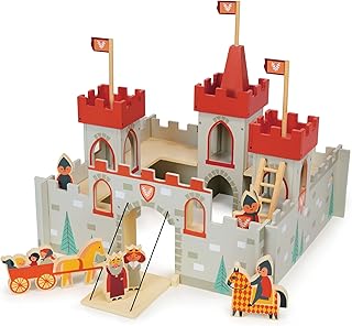 Mentari Toys - King’s Castle - Wooden Fortress Playset with 3 Towers, Drawbridge, Soldiers, Horse and Cart - Encourages Imaginative Play, Storytelling and Skill Development - Age 3+