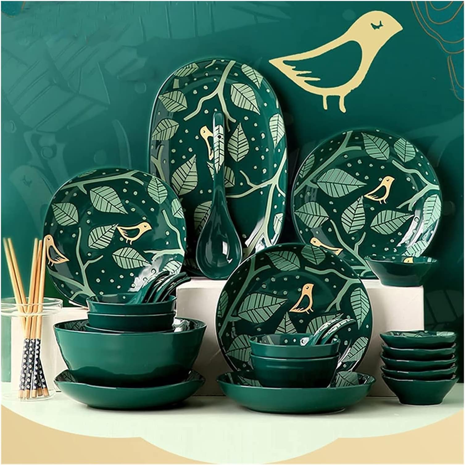 Porcelain Dinnerware Sets Plates and Bowls Sets 22 Pcs Dinnerware Sets European Style Porcelain Tableware Set with Plates and Bowls Green Golden Ceramic Dinner Set for Home Kitchen