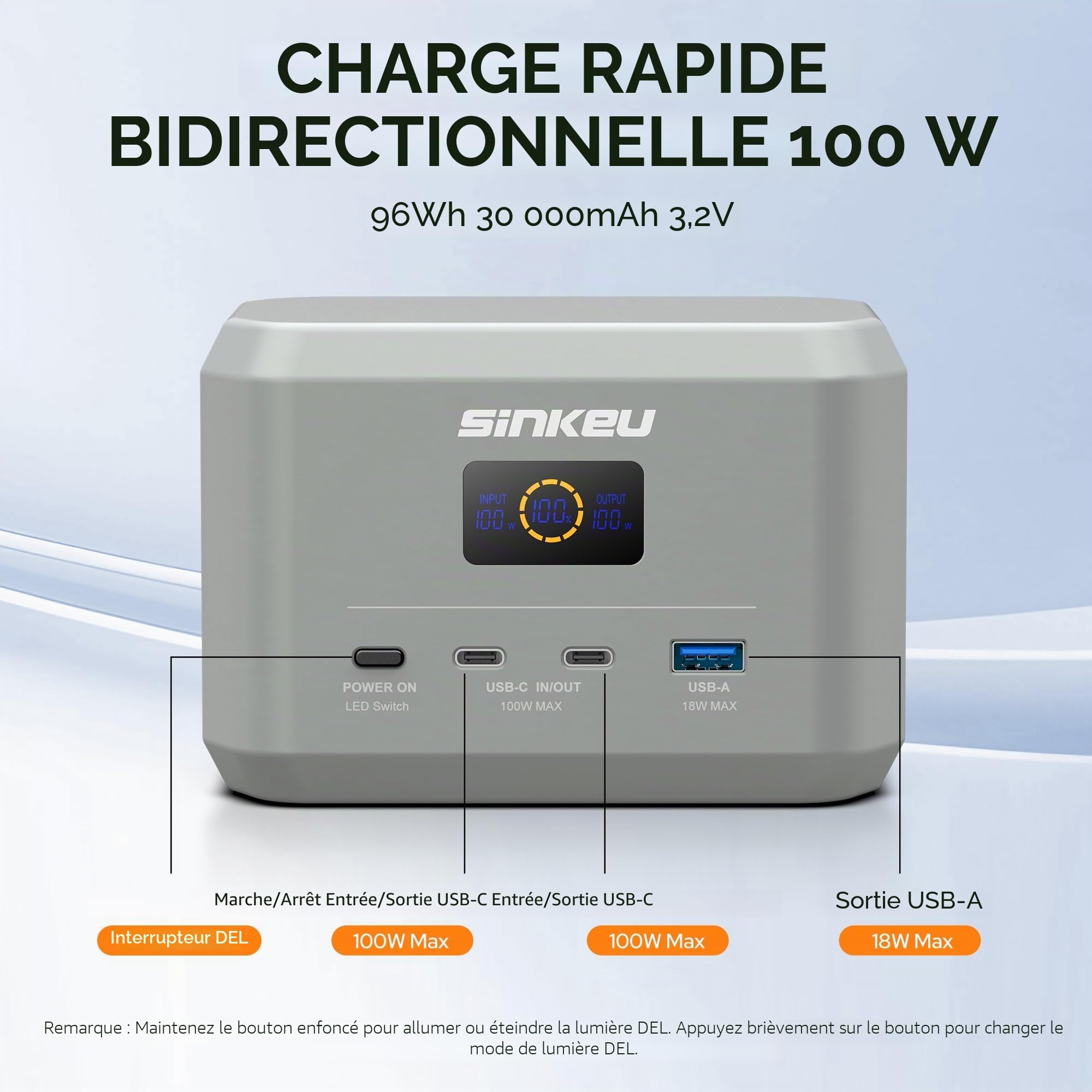 SinKeu Station d'alimentation portable, batterie LiFePO4 96 Wh, USB-C 100 W marche/sortie