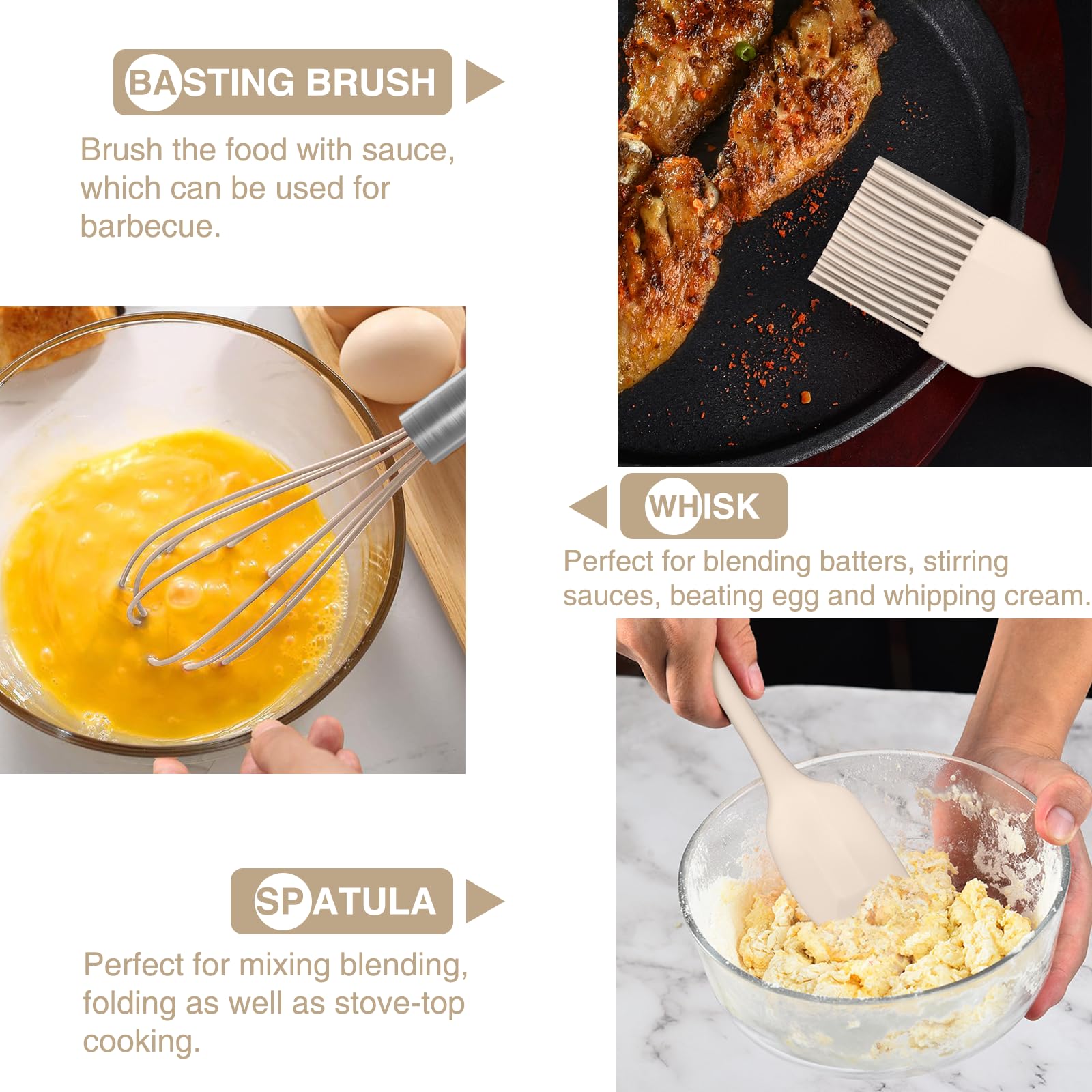 AIKKIL Set di utensili da cucina in silicone resistente al calore, spatole con supporto, set di 30 utensili da cucina kaki per pentole antiaderenti (senza BPA)