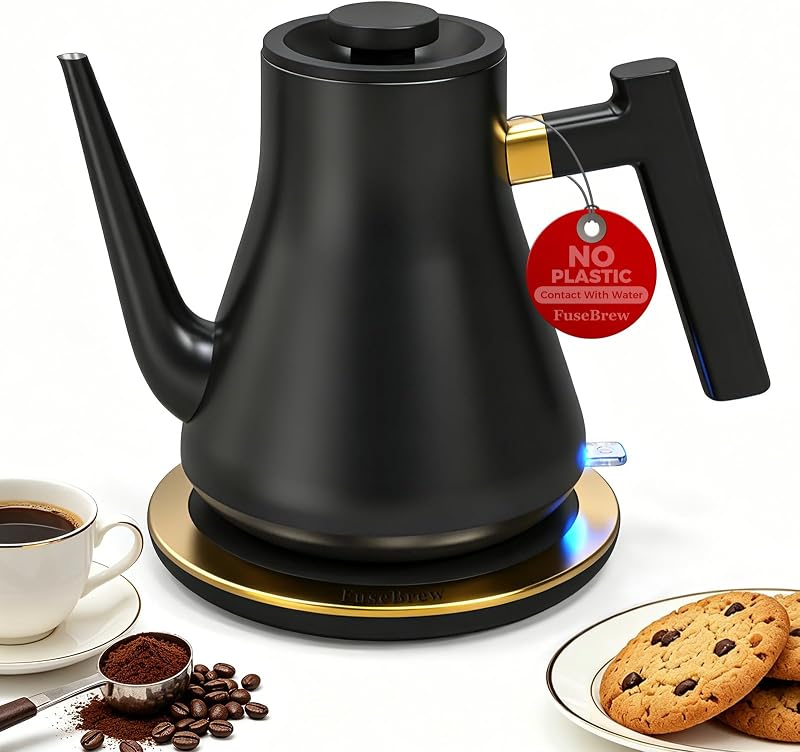 Hervidor eléctrico de cuello de cisne 1000W | Hervidor de café para verter sobre con boquilla de flujo constante y mango equilibrado, hervidor de té negro mate de 0,8 L para encimera de estación de café expreso Barista en casa, negro