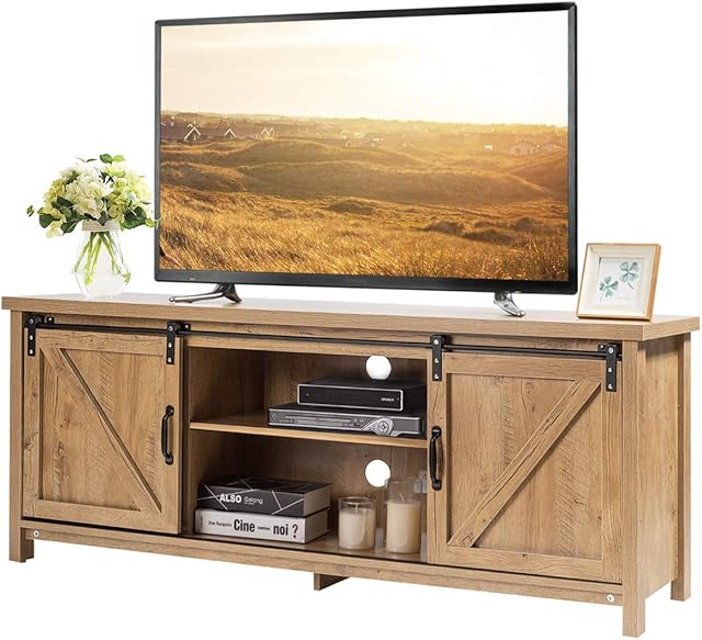 COSTWAY Farmhouse TV Stand for TVs up to 60 Inches, Wooden TV Cabinet Media Entertainment Center with Sliding Barn Door and Storage Shelves, TV Console Table for Living Room Bedroom (Natural Oak)