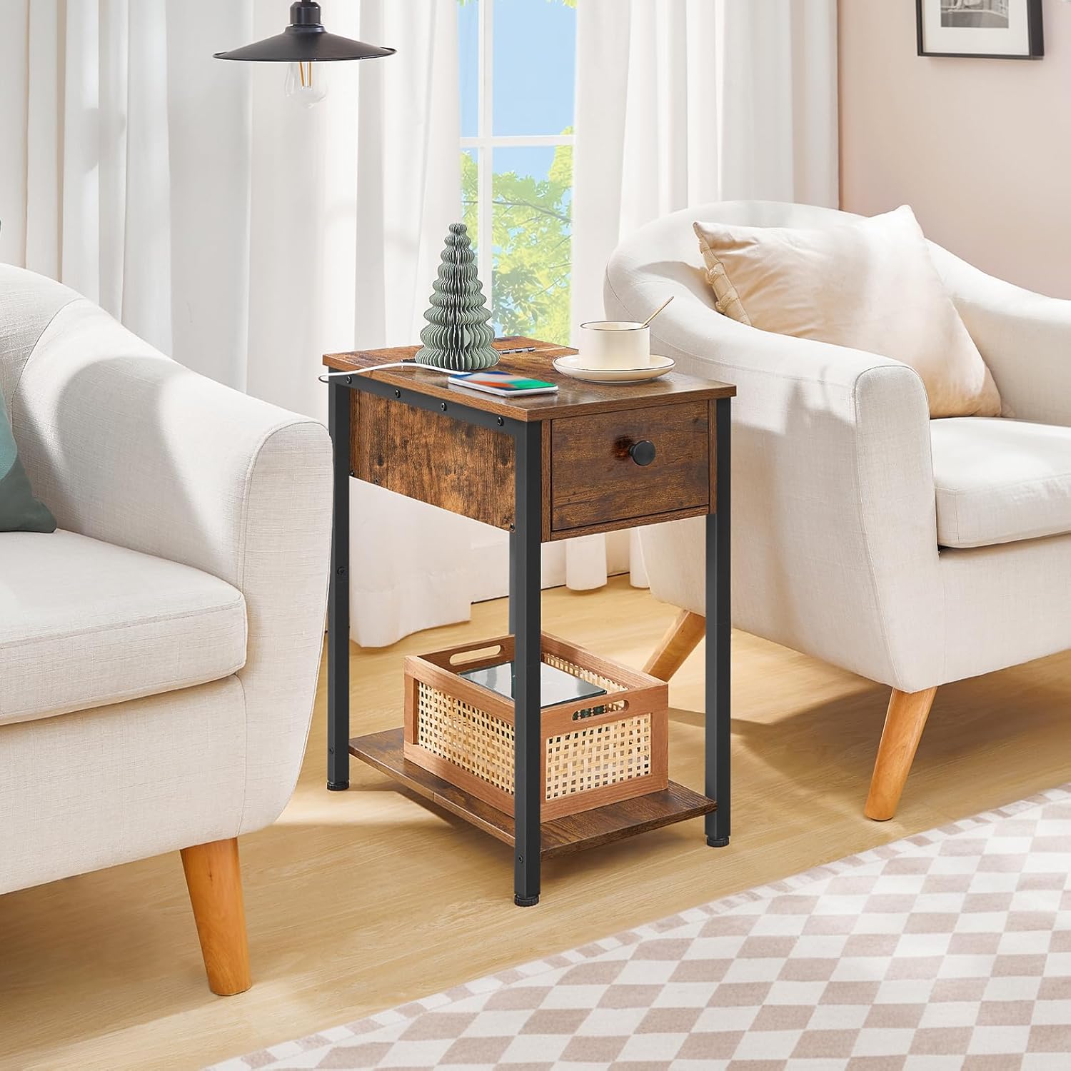 HOOBRO End Table with Charging Station, Narrow Side Table, Small Nightstand, Bedside Tables with Drawer and Storage Shelves, for Small Spaces, Living Room, Bedroom, Rustic Brown and Black BF041BZ01G1