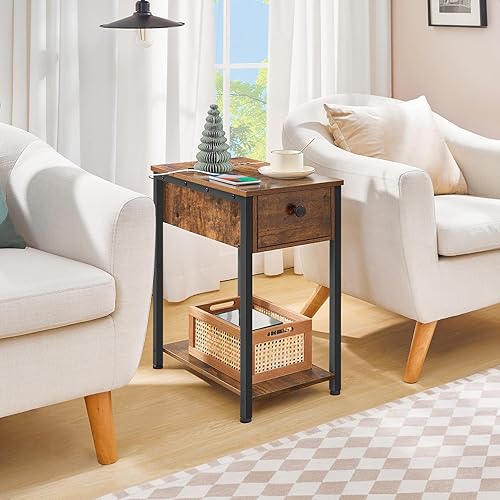 Miniatura 4 de HOOBRO Mesa auxiliar con estación de carga, mesa auxiliar estrecha, mesita de noche pequeña, mesitas de noche con cajón y estantes de café