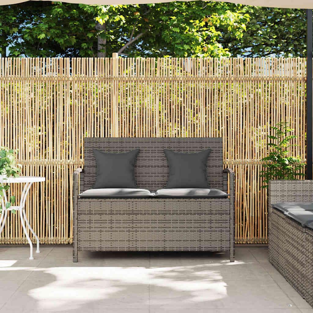 Panca da giardino in polyrattan grigio con vano portaoggetti e cuscino, panca con cuscino imbottito spesso e rivestimento rimovibile e lavabile, poltrona da giardino con borsa impermeabile