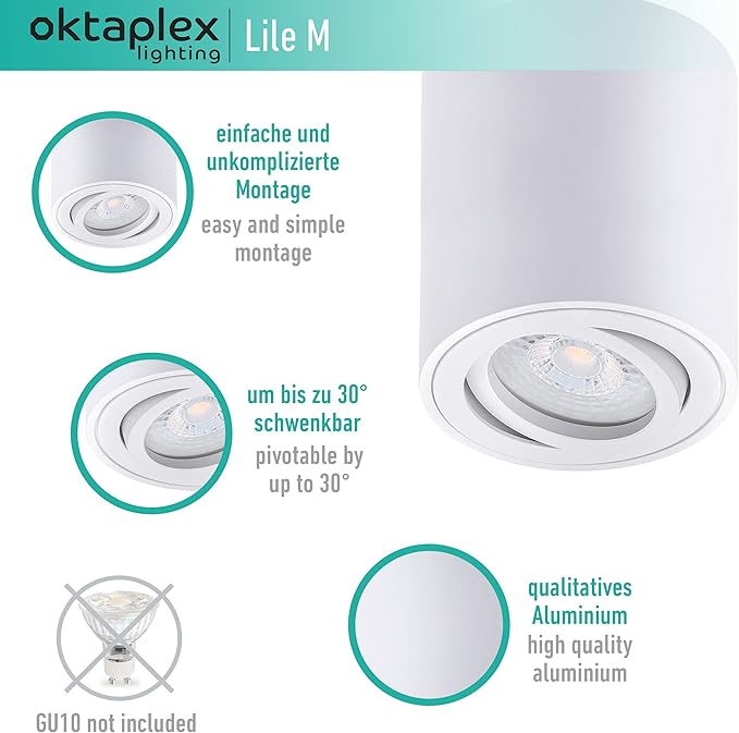 Oktaplex lighting Oktaplex 3x opbouwspot Lile M voor GU 10 & LED modules 230V opbouwspot aluminium rond LED opbouwarmatuur wit photo 3