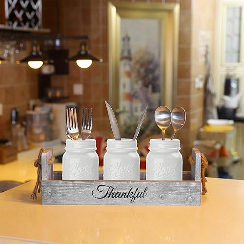 Miniatura 4 de HOMKO - Centro de mesa de tarros de vidrio Mason Jar con flores artificiales de estilo rústico para organizador cubiertos o decorar la cocina, el