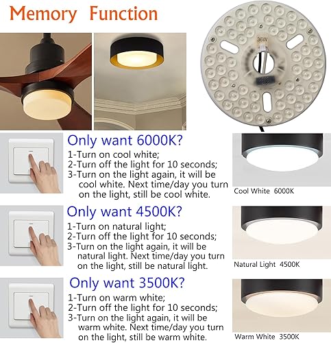 Miniatura 4 de Kit de luz LED de ventilador de techo de 36 W y 6.4 pulgadas, panel de luz LED de repuesto, motor de luz LED con función de memoria de temperatura