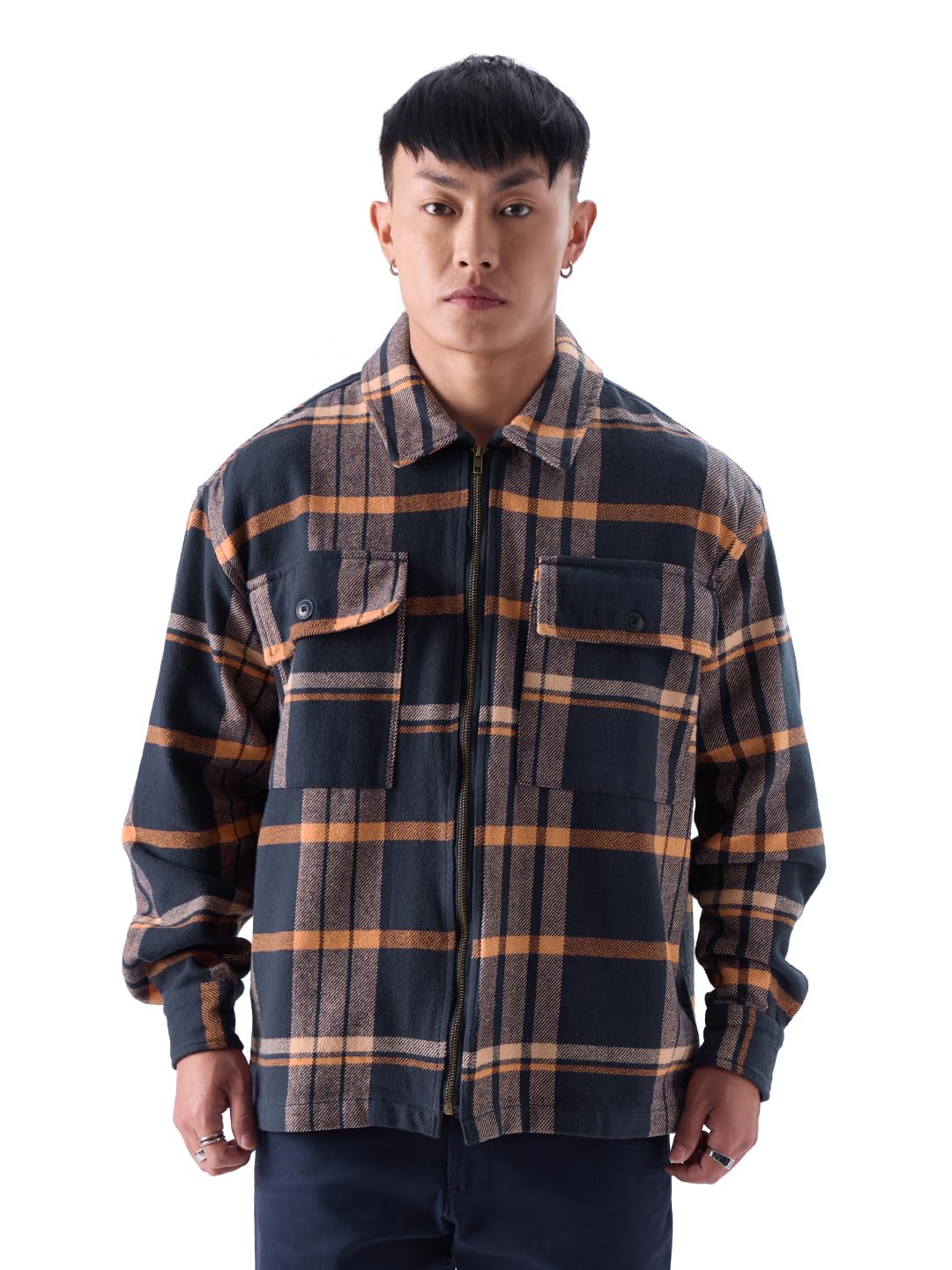 The Souled Store Blurred Lines Men and Boys Long Sleeve Zipper Front Oversized Fit Cotton Flannel Shackets Men's Flannel Shirt Winter Plaid Thick Jackets Shackets for Men Outerwear Layering Shirts