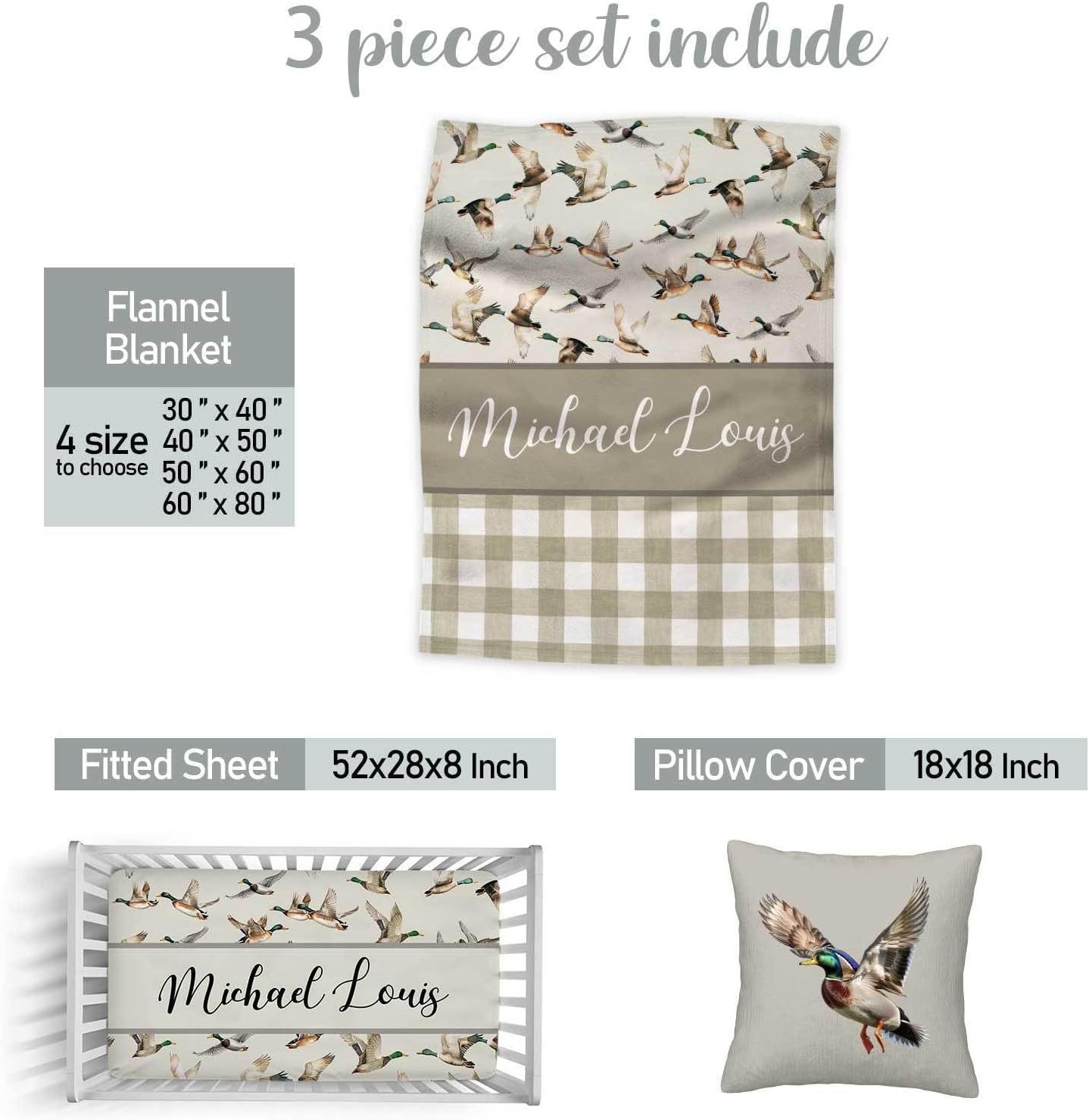 Personalized Wild Duck Baby Crib Bedding Set – Custom Name 3-Piece Nursery Bedding for Boys & Girls, Soft Blanket, Fitted Crib Sheet & Pillowcase, Newborn Toddler Bedding Gift