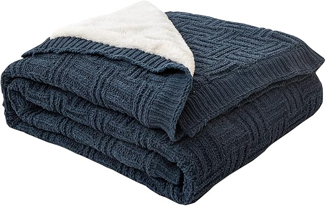 MH MYLUNE HOME Sherpa Fleece Knitted Blanket Sofa Bed Throws 127x153 cm Super Soft Fluffy Luxury Warm Cozy Fuzzy Solid Blankets for Bedspread Settee Chairs Couch (50"x60",Navy Blue)