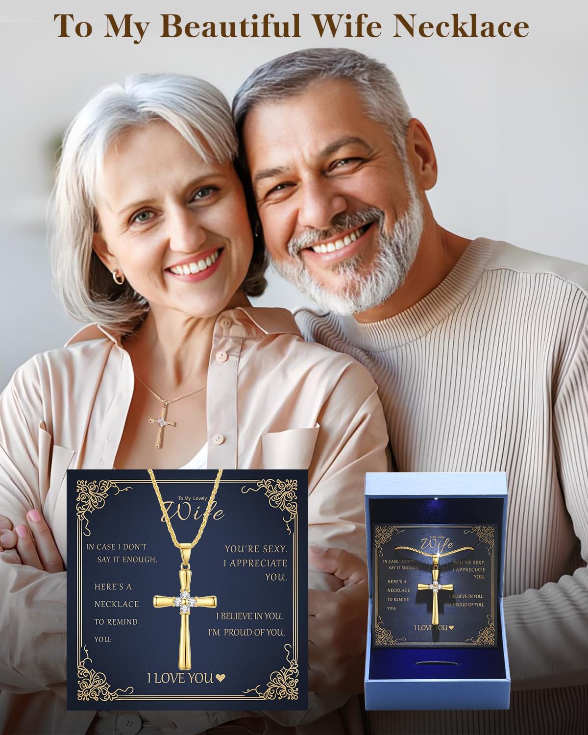 Gold Moissanite Cross Necklace for Women Wife in Light-Up Gift Box,Love Card - Women Anniversary Birthday Gifts Ideas for Wife Her Girlfriend, Christian Cross Chain Jewelry 1CT (18K Real Gold Filled) - Image 2