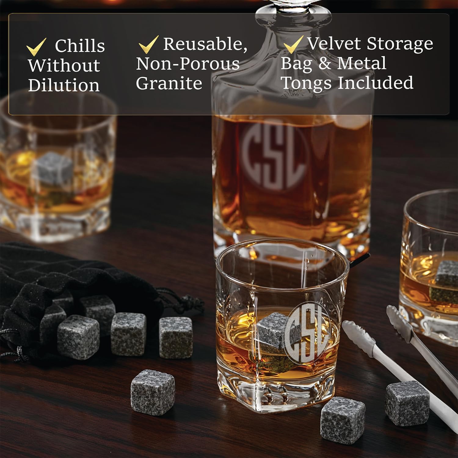 Custom Engraved Monogram 3 Initials Circle Shape Whiskey Gift Set – 34 oz Liquor/Bourbon Decanter with 4 Glasses, Whiskey Stones & Tongs – Premium Whiskey Gift for Men, Husband, Dad