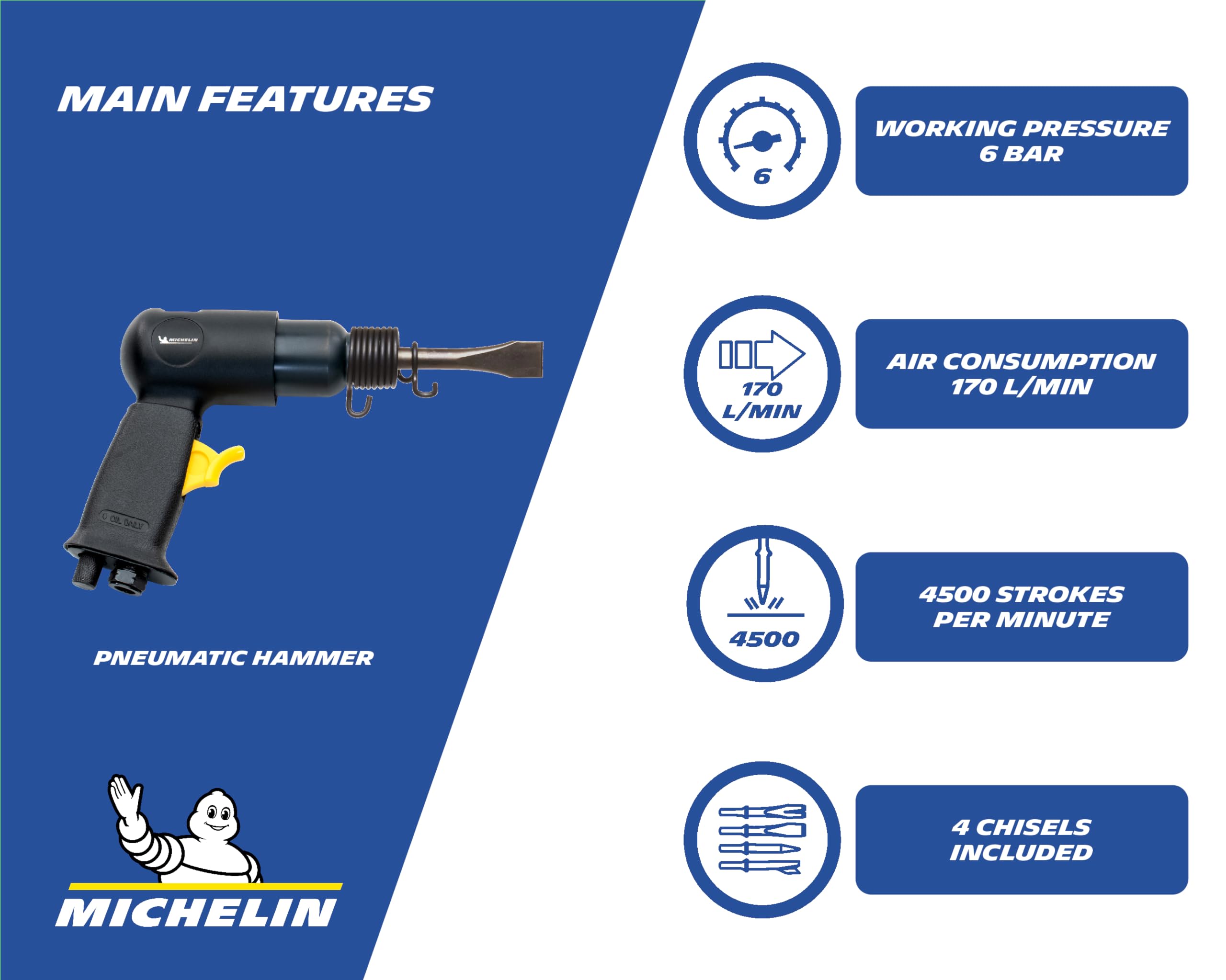 MICHELIN Coffret Marteau Burineur - 4 Burins - Ressort - Mandrin Autoserrant - Flacon d'Huile - Consommation d'Air : 170 l/min - Pression d'Utilisation : 6 bar - Nombre d'Impacts : 4500