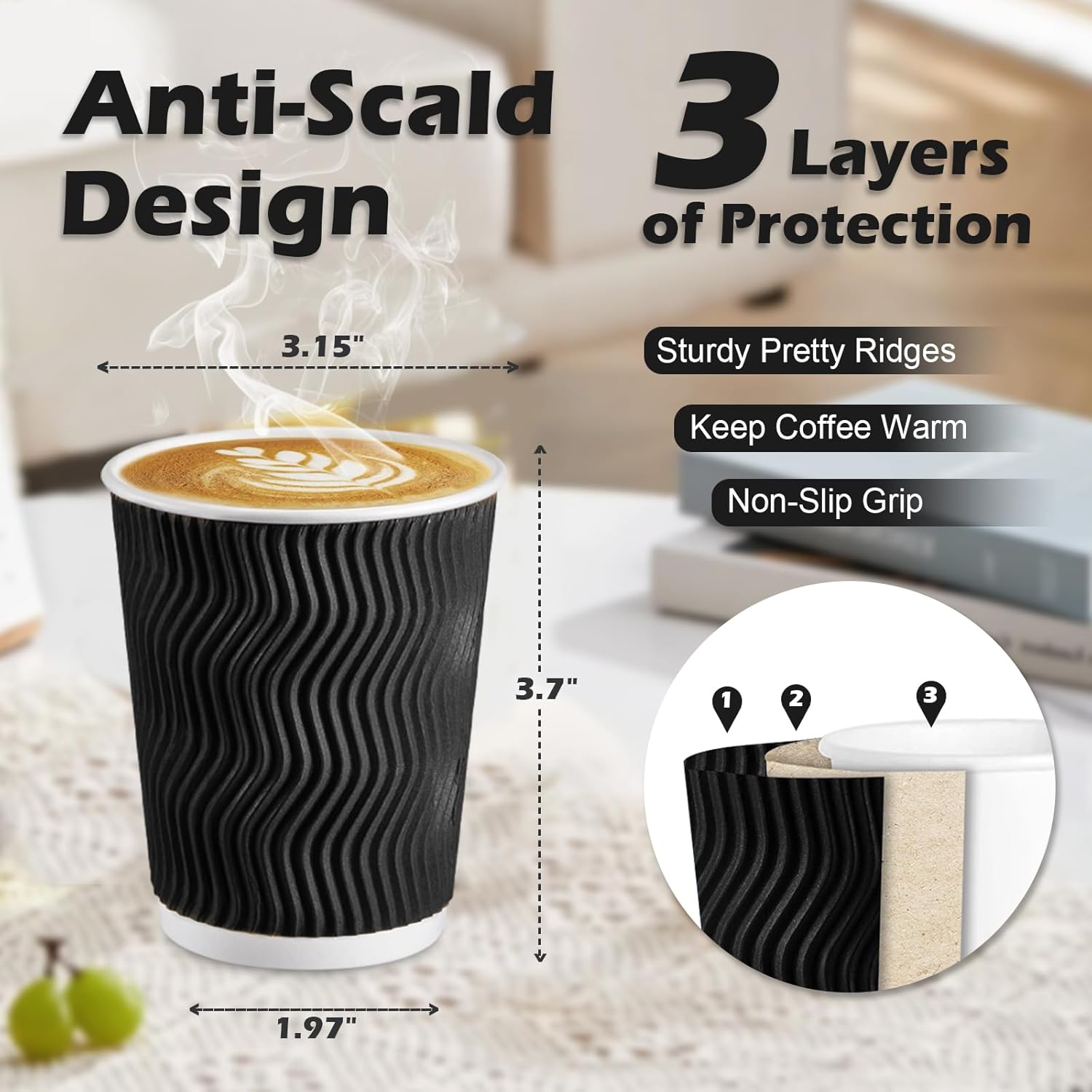 Lamosi Disposable Coffee Cups 8 oz 100 Pack, Paper Coffee Cups 8 oz for Hot Drinks or Cold Beverages, Insulated Corrugated Ripple Wall Cup for Office, Cafe, Home or Travel - Image 2