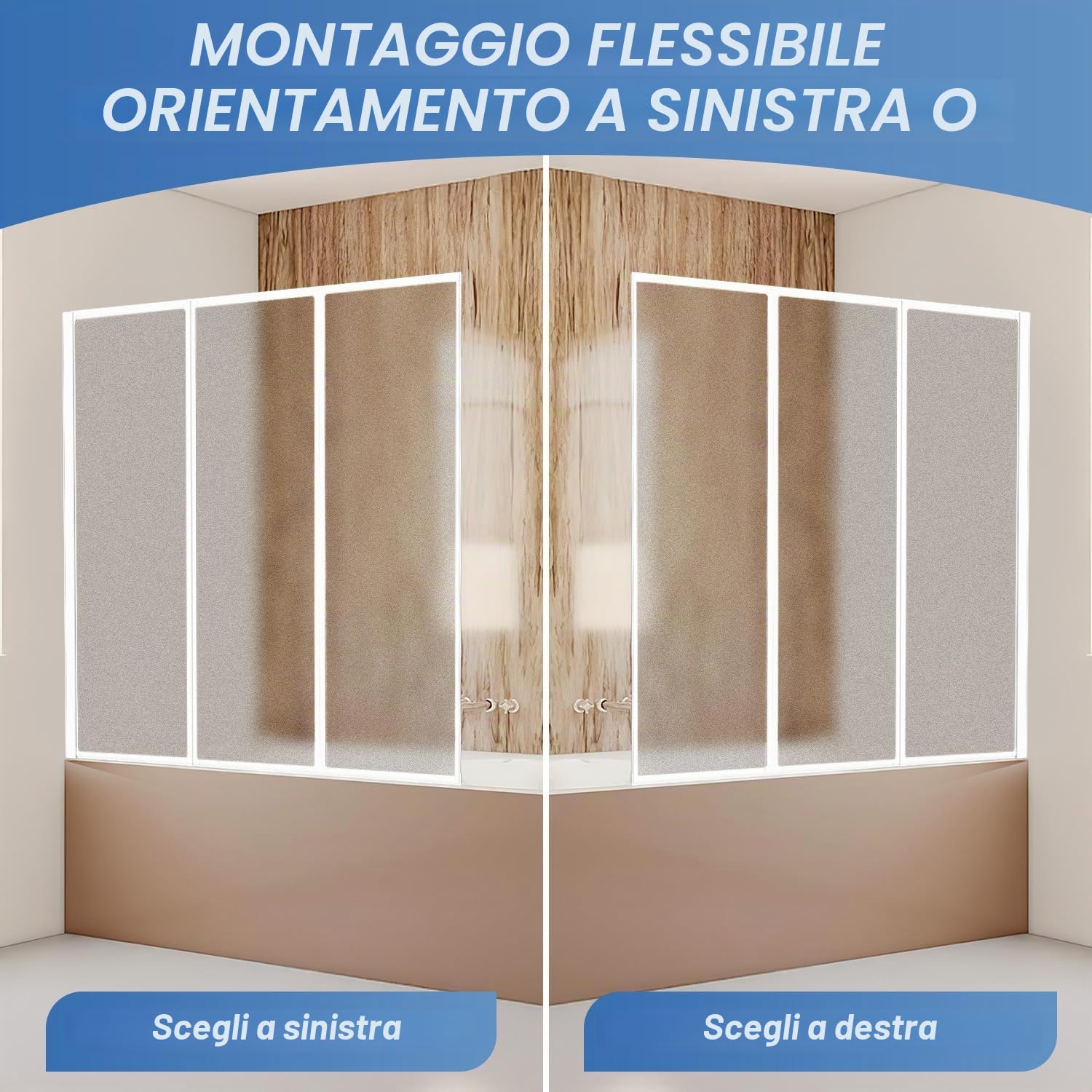 Parete divisoria per vasca da bagno in plastica, doccia per vasca da bagno, resistente alle schegge, 100x140 cm, 2 pezzi pieghevoli, telaio in alluminio bianco, montaggio a sinistra/destra, con