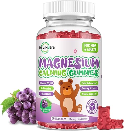 Gomitas de magnesio para niños  Suplemento de gomitas de glicinato de magnesio con L-teanina, vitamina B6, D3 para niños y adultos  Apoya la calma,