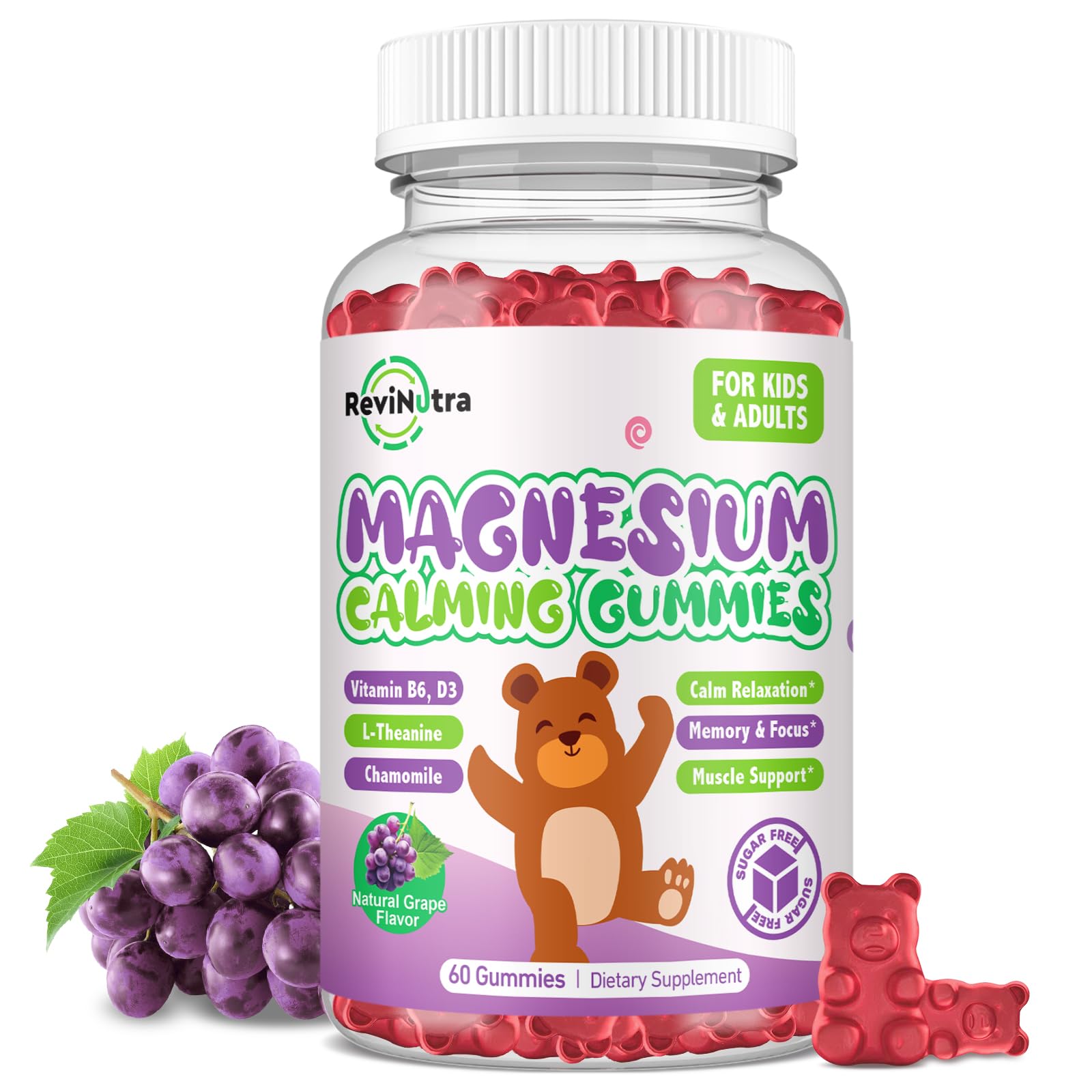 Magnesium Gummies for Kids - Magnesium Glycinate Gummies Supplement with L-Theanine, Vitamin B6, D3 for Kids & Adults - Support Calm, Sleep, Relaxation, Brain, Bones, Sugar Free Grape 60ct Grape 60 Count (Pack of 1)