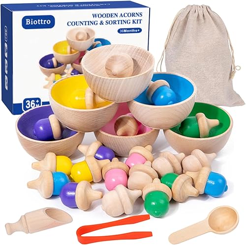 Juguetes de clasificación Montessori para niños pequeños de 3, 4 y 5 años, bellotas de madera, juguetes educativos de aprendizaje preescolar para