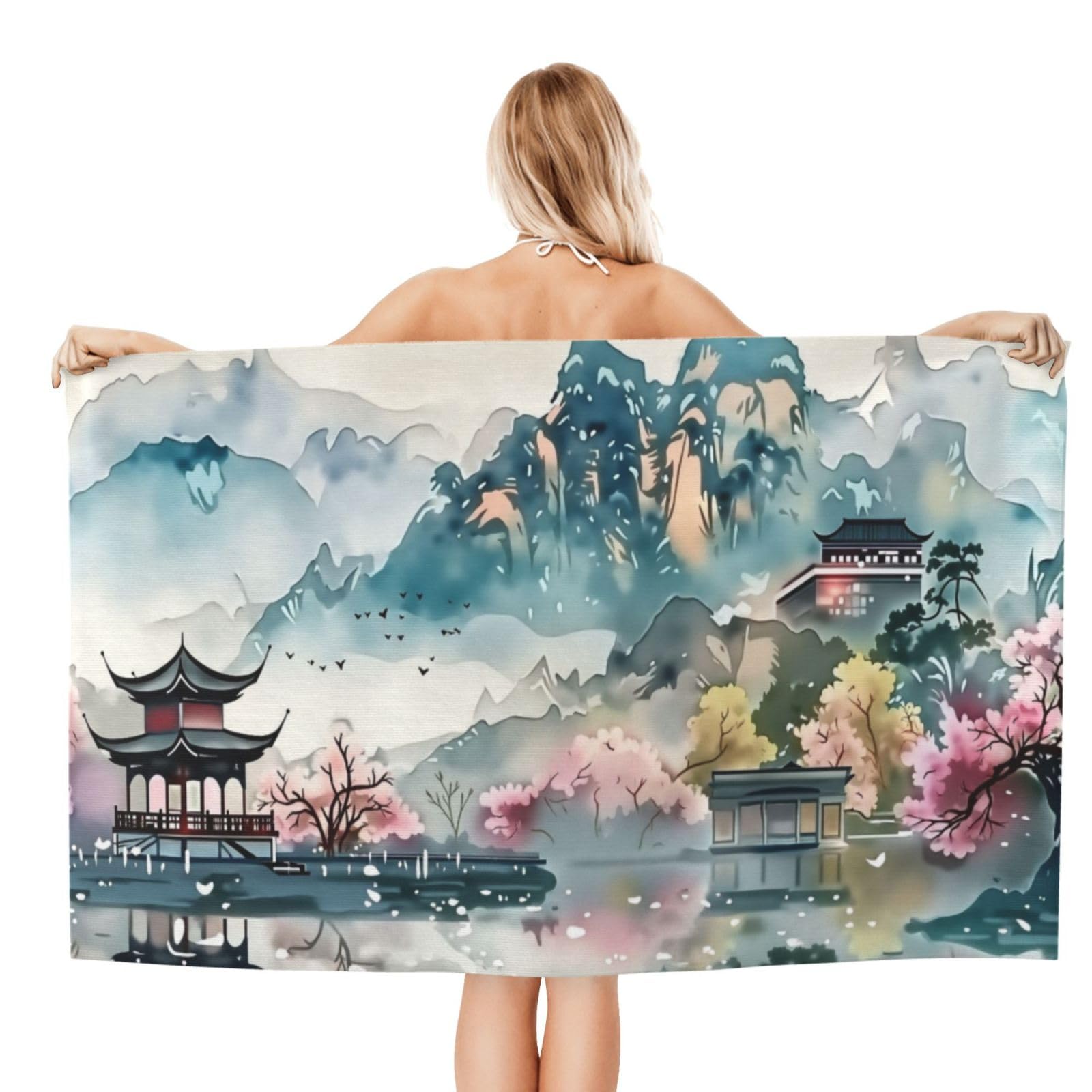 Anceky Beach Towel for Women, Oriental Landscape Sand-Free Microfiber Ultra Soft Lightweight Bath Towels for Outdoor Bathroom Swimming 32"X52"